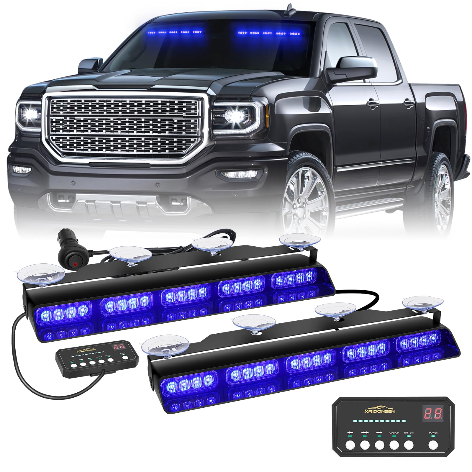 XRIDONSEN 2x 17 inch Blue Emergency Lights Bar 40 LED Dash Strobe Lights Interior Front/Rear Windshield Lights Safety Flashing Warning Hazard Light for Ambulance Firefighter Police Vehicles Trucks Car