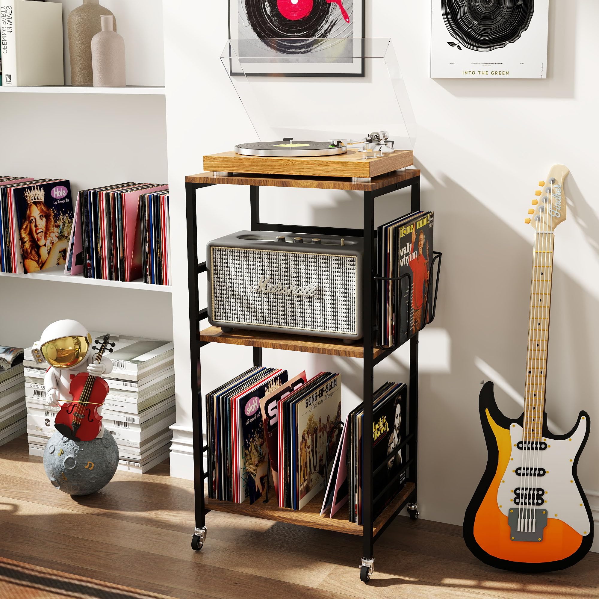 tonchean Soporte para tocadiscos, de 3 niveles, en vinilo, con ruedas, almacenamiento de discos, mesa auxiliar para salón, dormitorio, oficina
