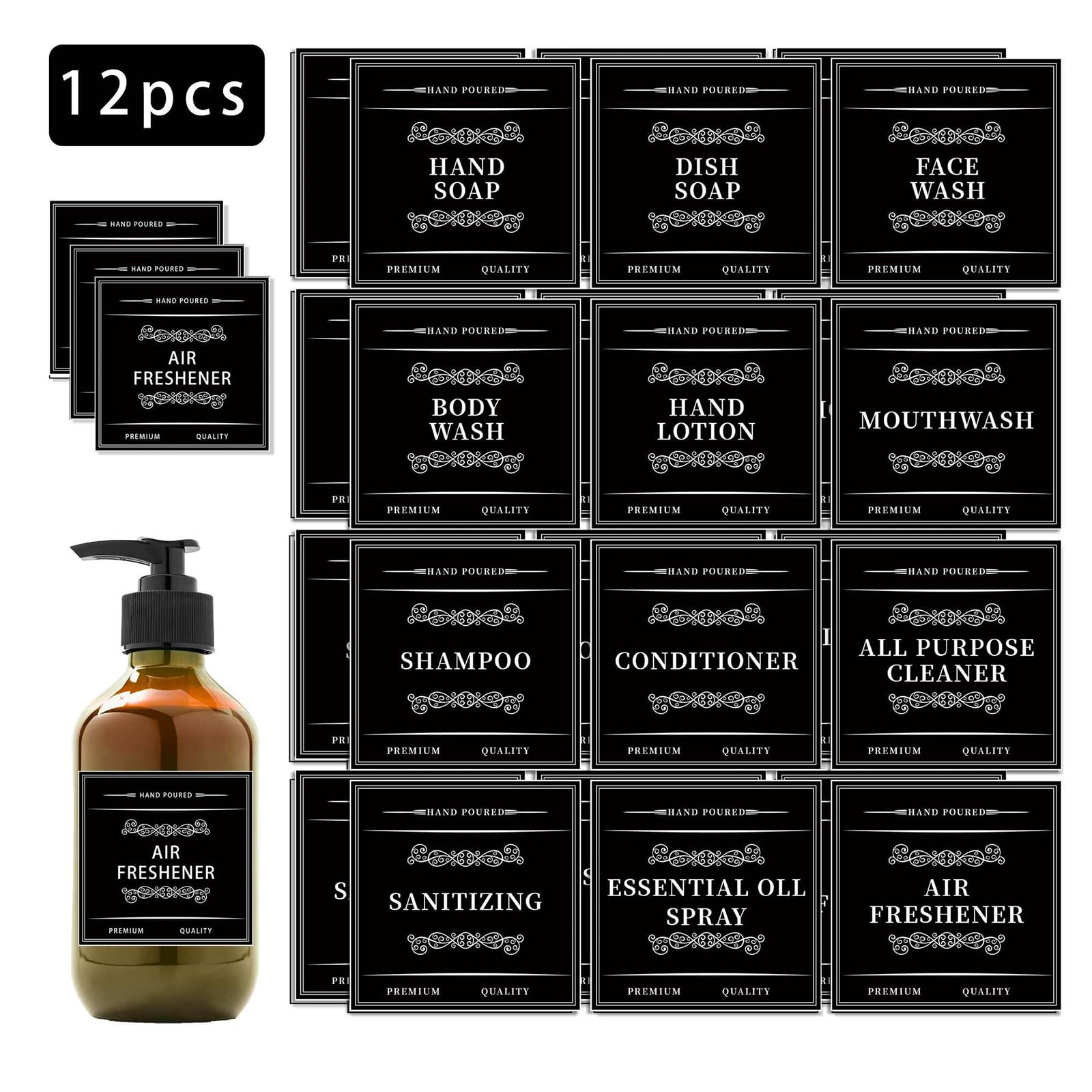 Lot De 12 étiquettes Autocollantes Pour Salle De Bain - Organisation Savon, Shampoing, Gel Douche