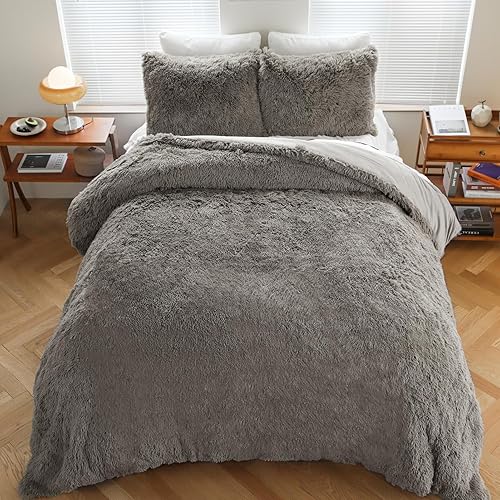 Juego de edredón lanudo tamaño King, juego de edredón de piel sintética gris con 2 fundas de almohada, lavable a máquina, juego de edredón de felpa