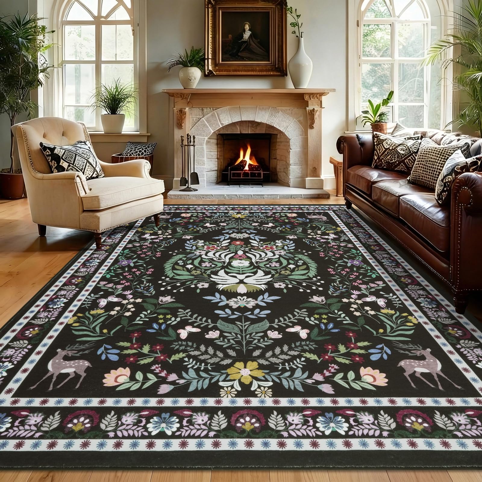 Homcomodar Rugs Living Room Large 160x230cm Vintage Washable Rug Non-Slip Boho Black Rug for Bedroom Soft Low Pile Floral Carpet for Kids Nursery Dining Room Farmhouse Home Office