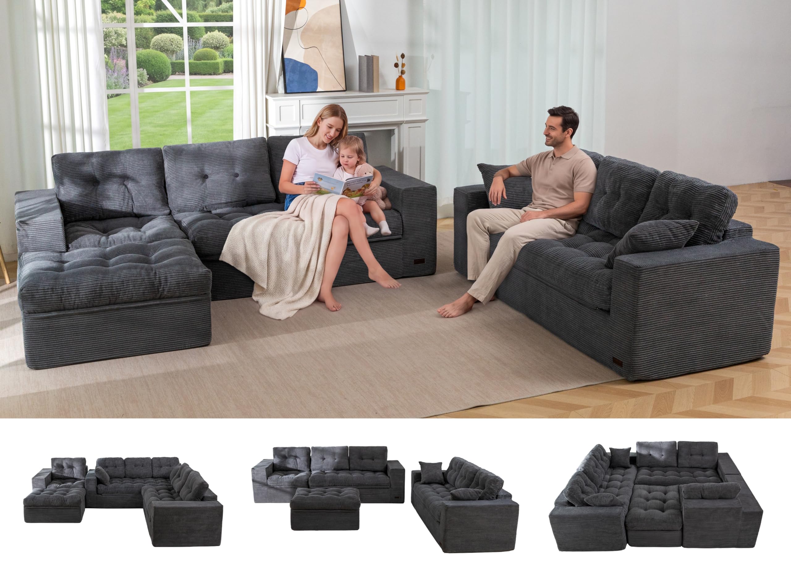 MAXYOYO Modular Sectional Sofa with Ottoman and Loveseat, Cloud Boneless Couch with Layered Cushion, Flexible Module Combination Sofa for Living Room, No Assembly Required,Dark Grey