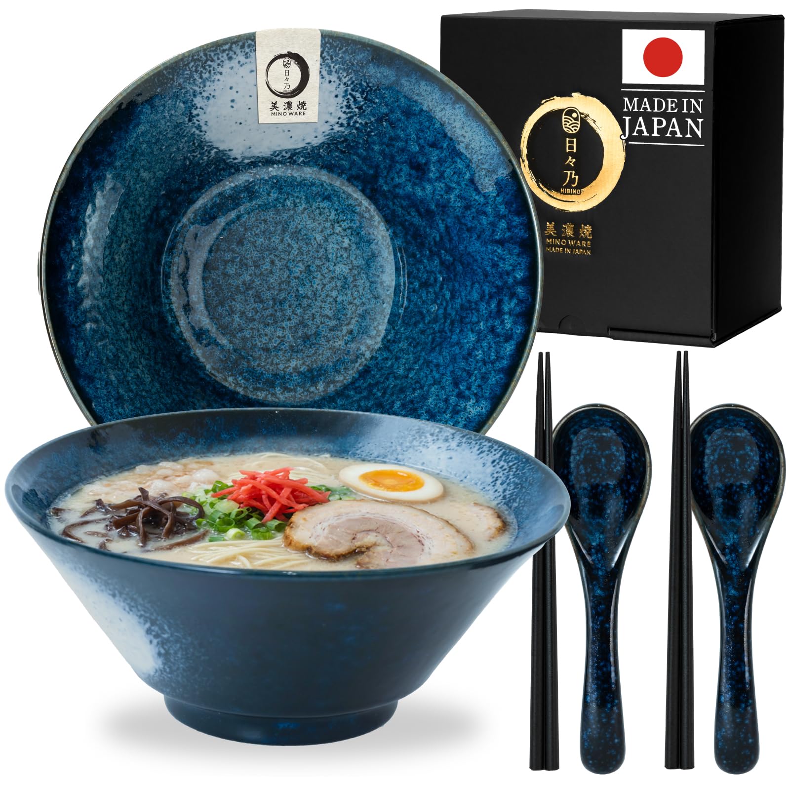 HIBINO Japanese Ramen Bowl Set of 2 | 44 oz Ceramic Ramen Bowls with Chopsticks & Spoons | Made in Japan Mino Ware | Microwave Safe Noodle & Soup
