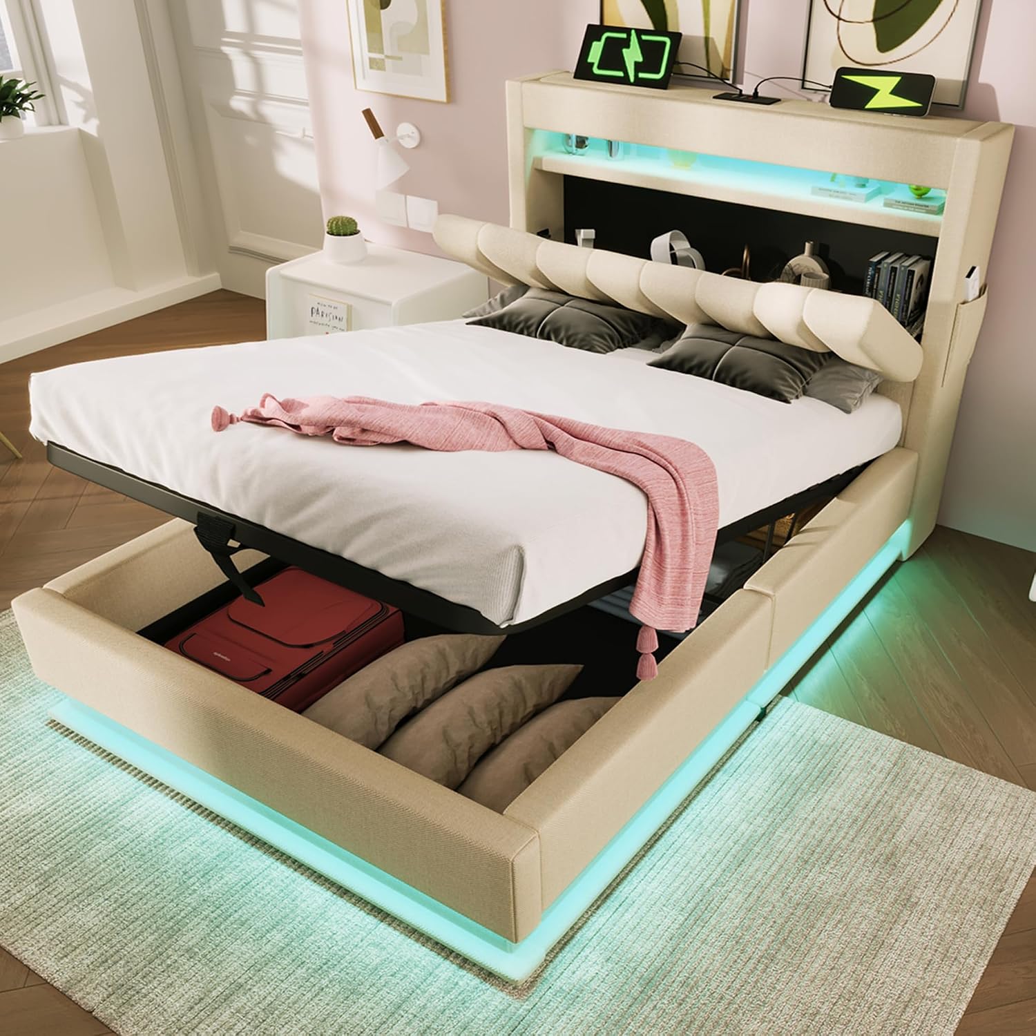 Bed 90 x 200 cm with Hydraulic Storage Space Upholstered Single Bed with Slatted Frame and LED Headboard with Storage Compartment and Charging Ports Without Mattress Linen Beige
