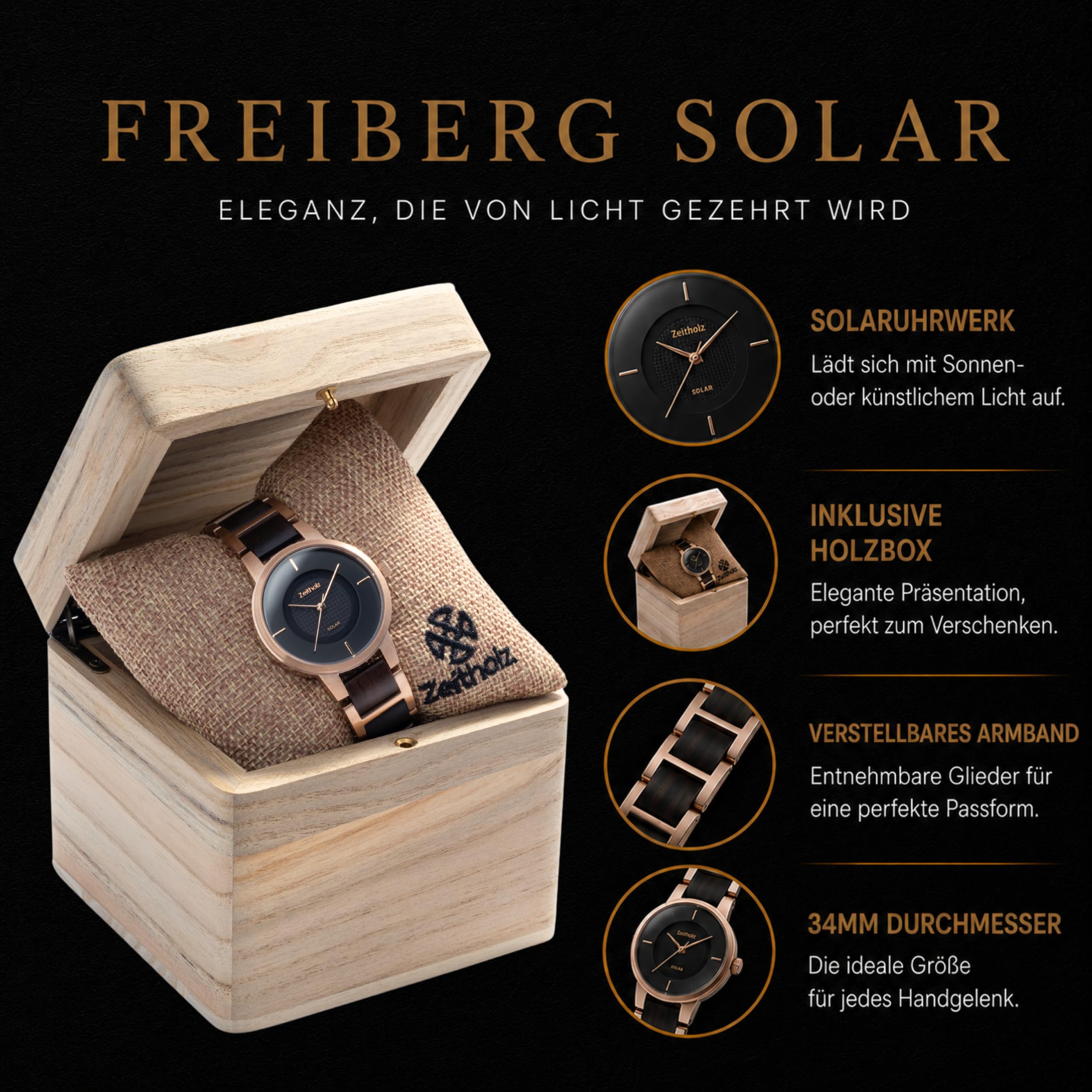 Solaruhr Damen - Freiberg Holzuhr 34mm, gefertigt aus Sandelholz oder Eichenholz mit fortschrittlicher japanischer Solartechnologie und einem eleganten, nachhaltigen Design. (schwarz)