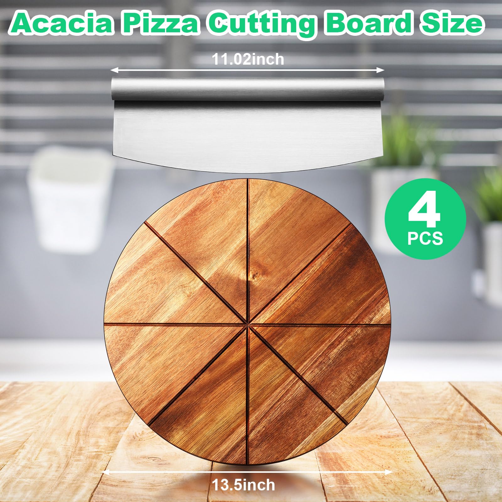 Uiifan 5 Pcs Acacia Pizza Cutting Board and Pizza Cutter Set Includes 4 Pcs 13.5'' Round Wooden Pizza Board Stainless Steel Pizza Cutter for Pizza Cake Cheese Pies Kitchen Accessories
