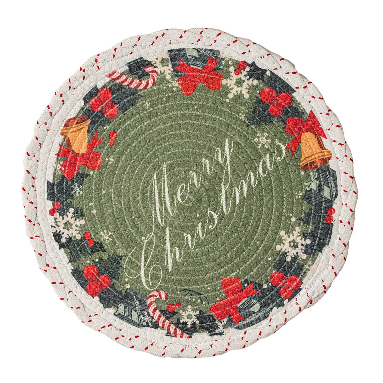 Qusinfc Snowflake Pattern Round Cotton Rope Placemat Waterproofs Surfaces Heatproof Protective Holiday Table Decoration Winter Snowflake Placemat