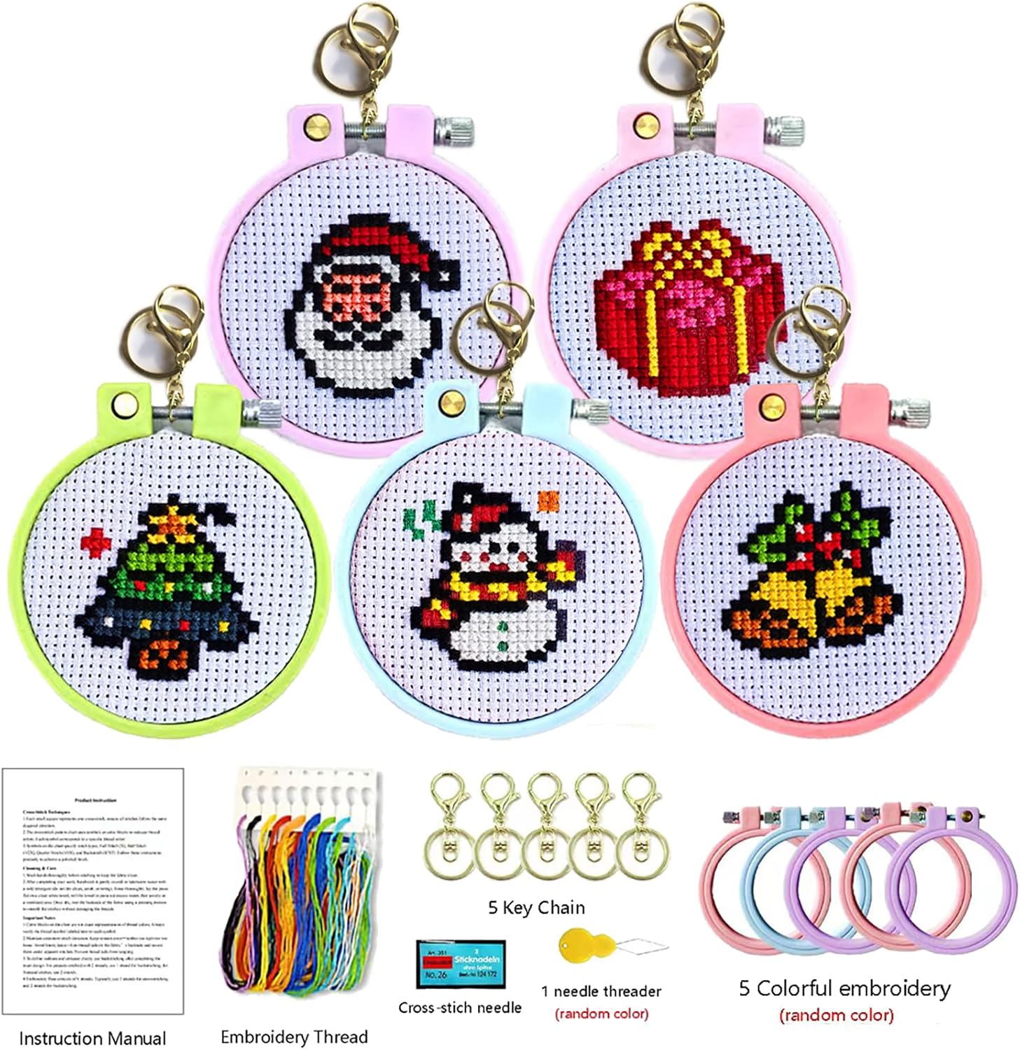 Zhenqing 5 Christmas Keychain Cross Stitch Kit with Mini Hoops & Keyrings - 11CT Pre-Printed 10x50cm Fabric & Complete Tools for Beginners (Santa, Tree, Bell Designs)(70061)