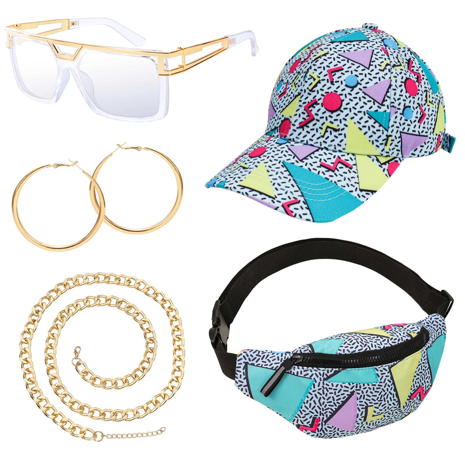 XEPST 80s 90s Hip Hop Accessories for Women Men, 80s 90s Outfits Neon Fanny Pack Hat Sunglasses Gold Chain Earrings