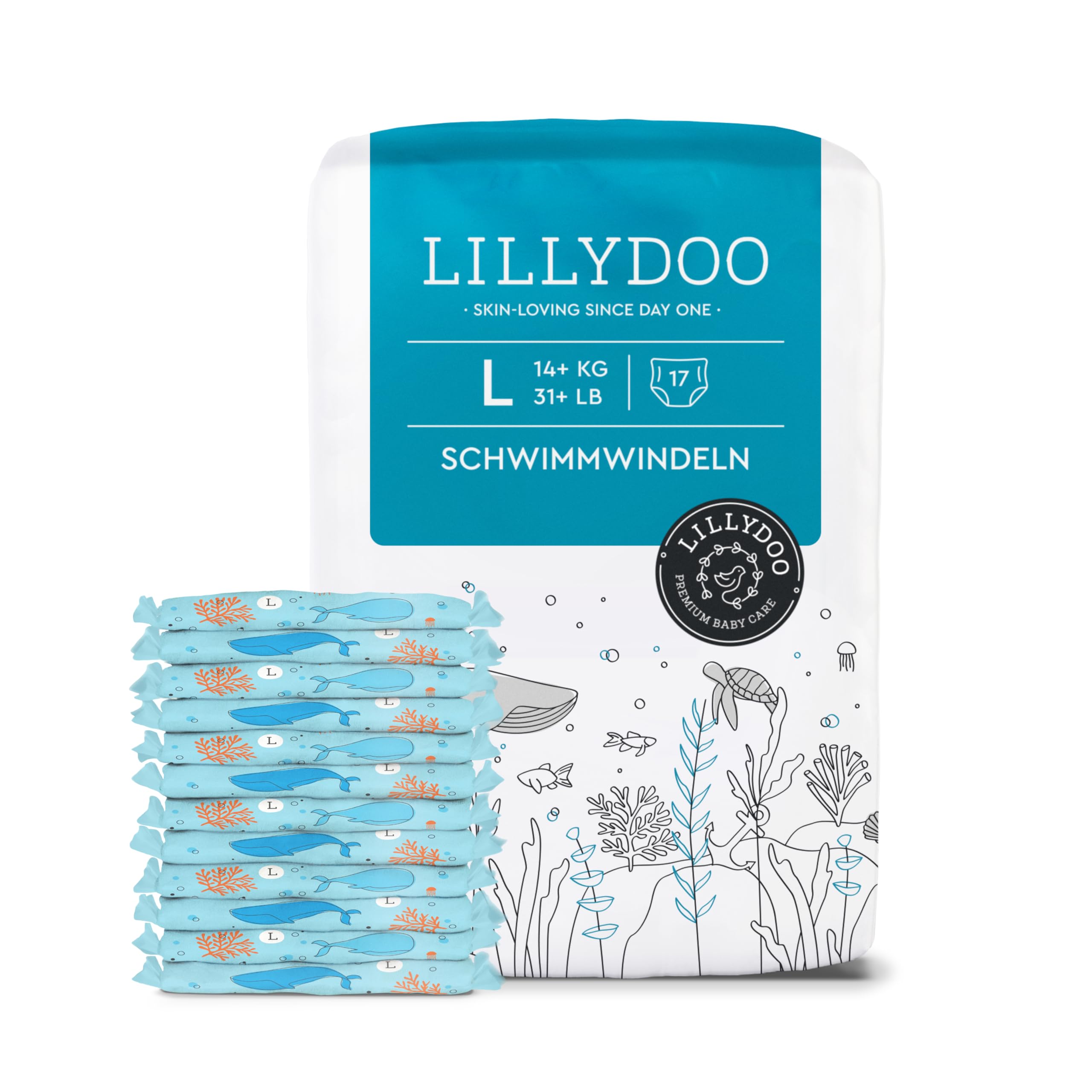 LILLYDOO hautfreundliche Einweg-Schwimmwindeln für Babys, Größe L (14+ kg), 1 Packung (17 Stück) mit Unterwasser-Design, Windeln für sicheren Schutz im Wasser