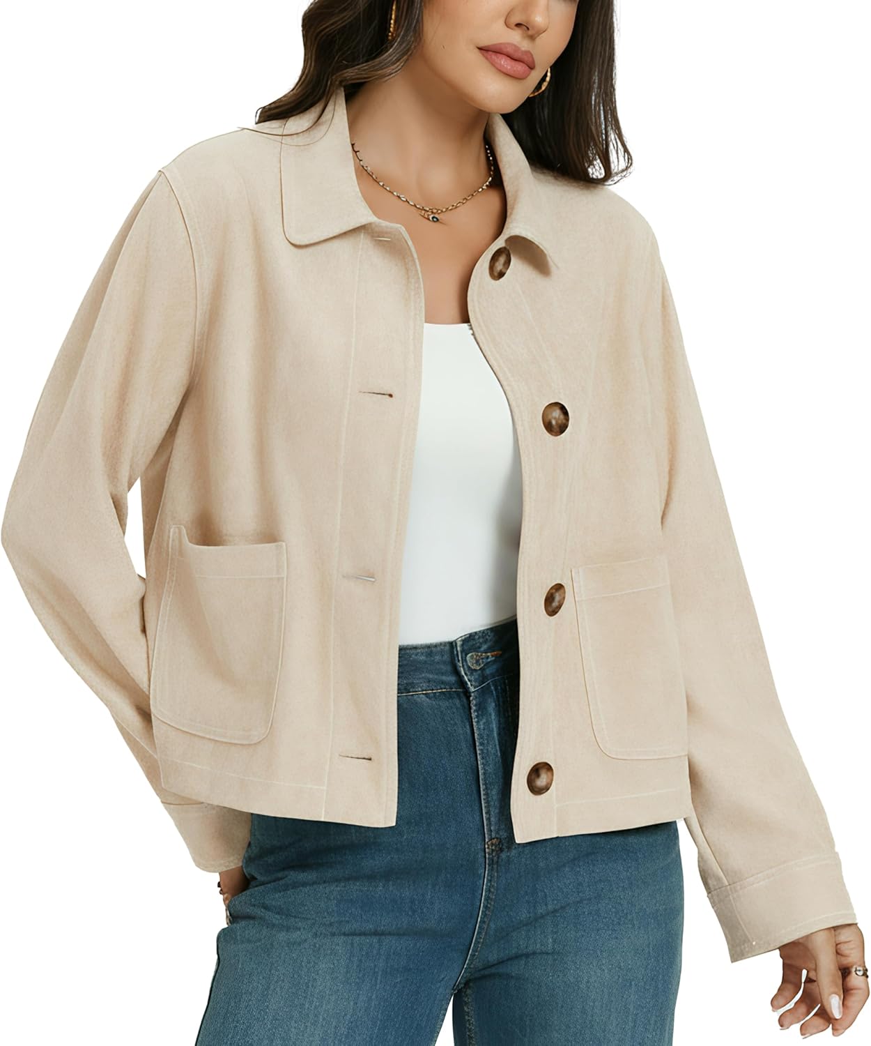 Ladyful Womens Faux Suede Bomber Jacket Cropped Dressy Fall Casual Button Down Leather Coat Outerwear