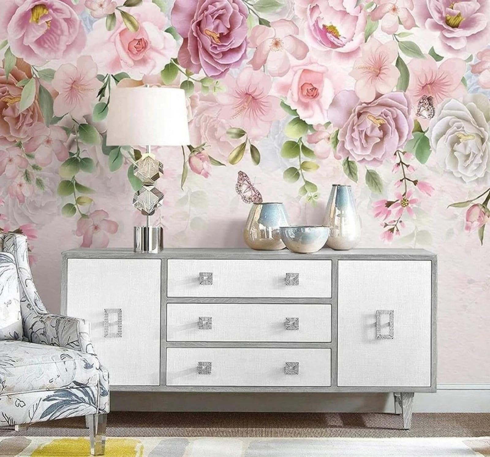 Xlming 430Cm×300Cm(B×H) Hand Drawn Romantic Pink Flowers Butterflies 3D Wallpaper Luxury Home Dining Decor Paste Sofa Living Room The Wall For Bedroom Mural-430Cm×300Cm