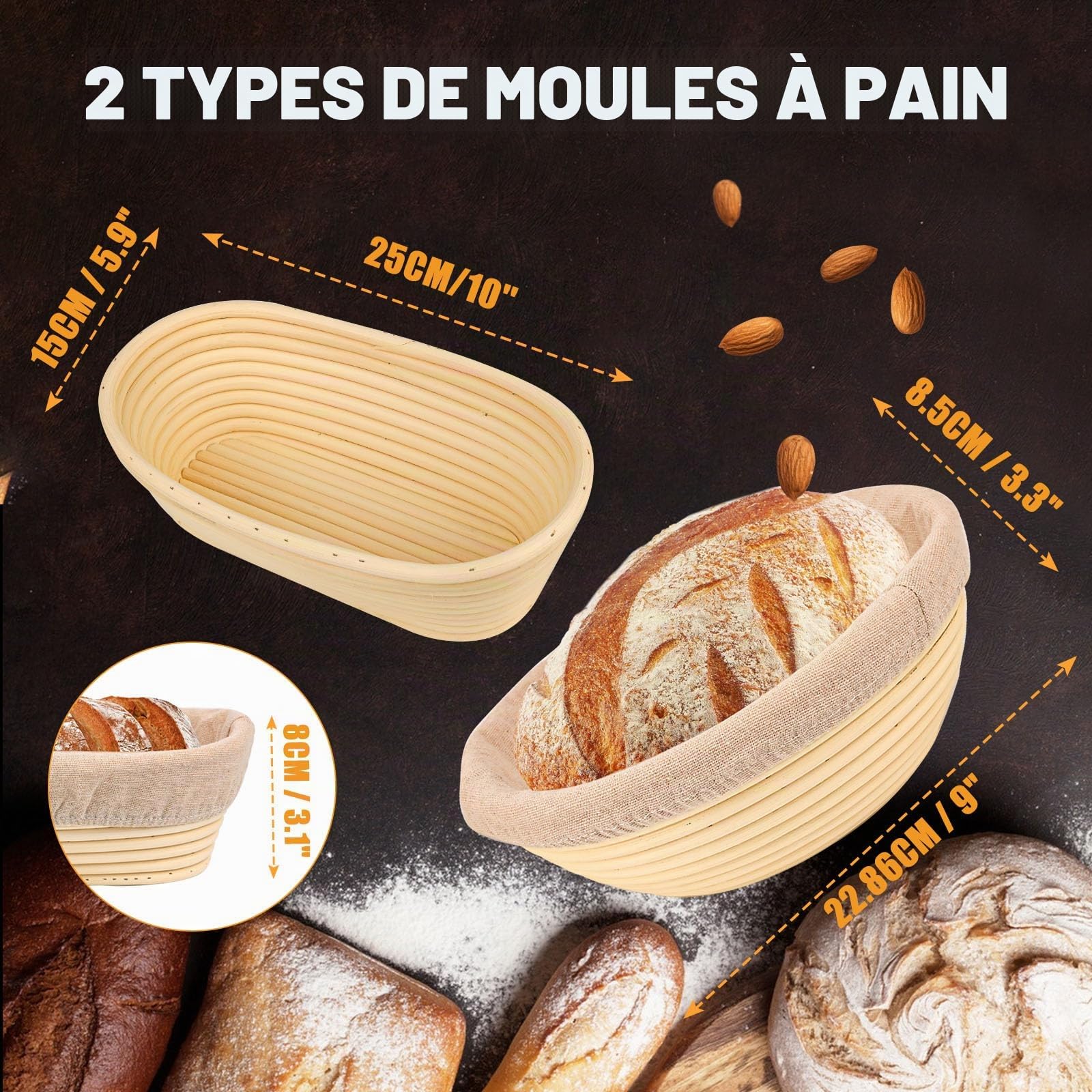 Banneton Panier d'épreuvage Set, Corbeille à Pain+Grattoir en Métal + Grattoir en Plastique + Fouet à Pâte + Lame à Pain, Panier Naturel pour Faire Son Propre Pain
