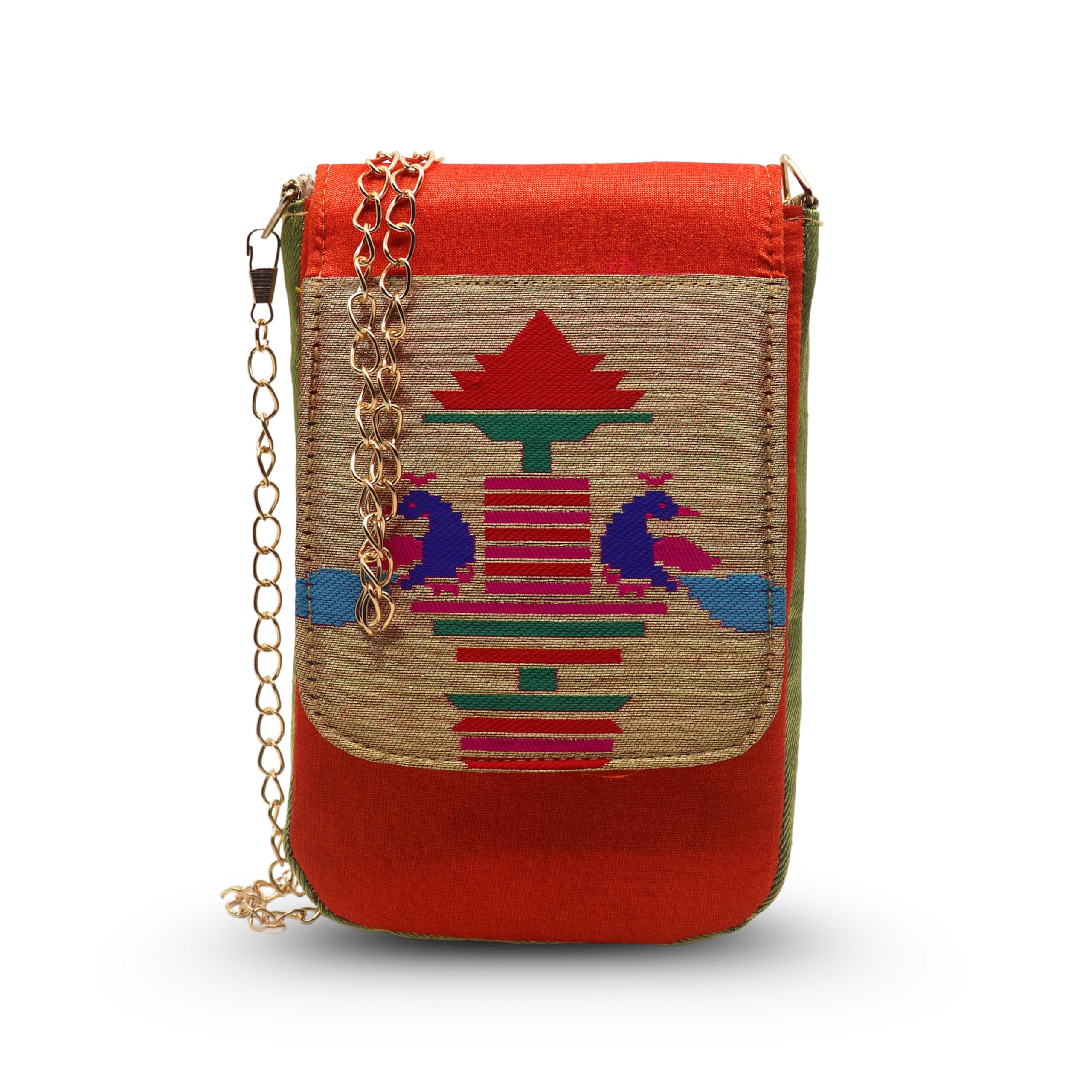rich india Paithani Style Mobile Carrier Sling Pouch, Red, with Detachable Metal Chain, Lightweight, 19cm x 3.2cm x 12.7cm-picture-22