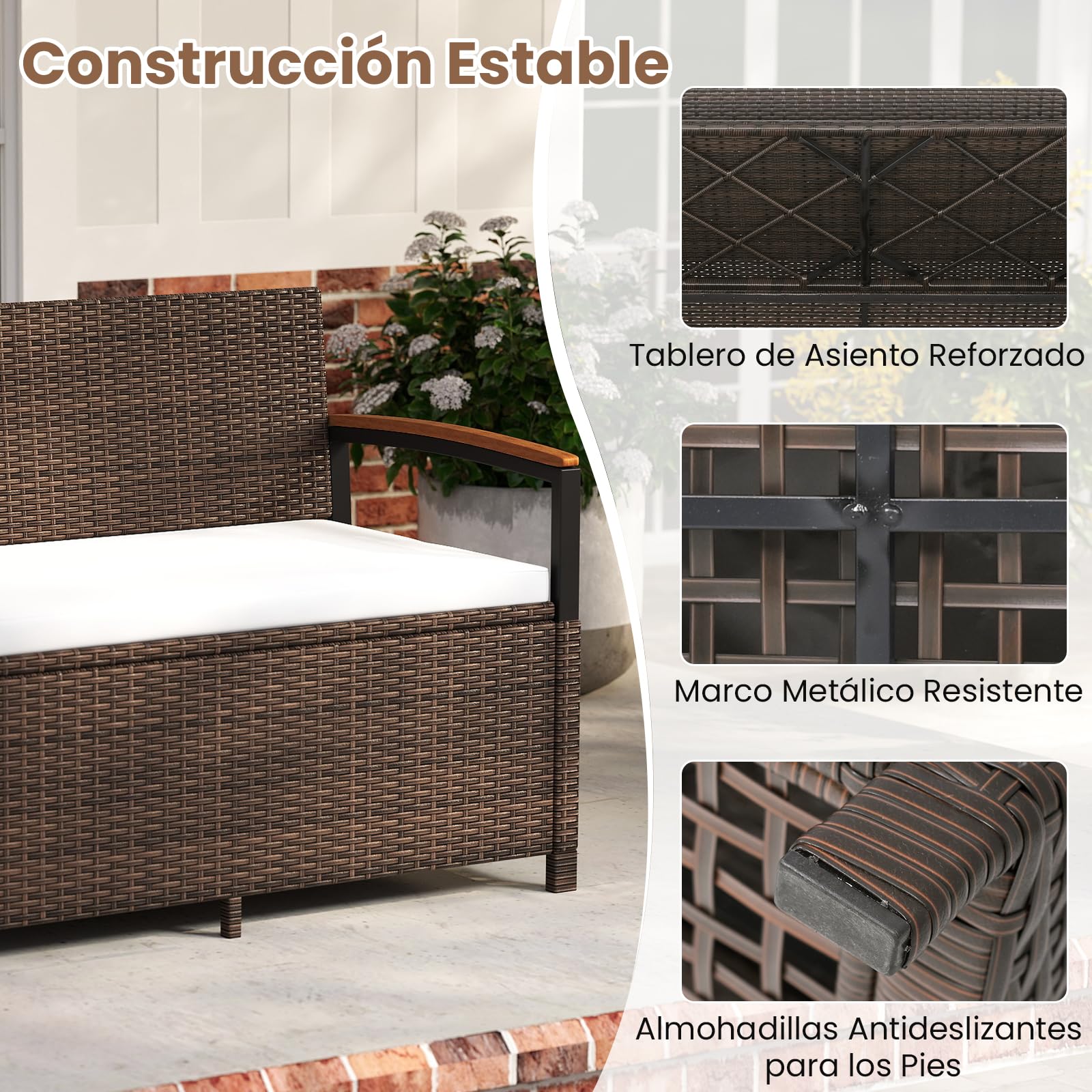 COSTWAY Banco de Almacenamiento Exterior Ratán, 175 L Baúl para Terraza con Cojín, Respaldo y Reposabrazos de Madera de Acacia, Sofá de Mimbre PE con Almacenamiento Oculto y Bolsa Impermeable (Blanco)