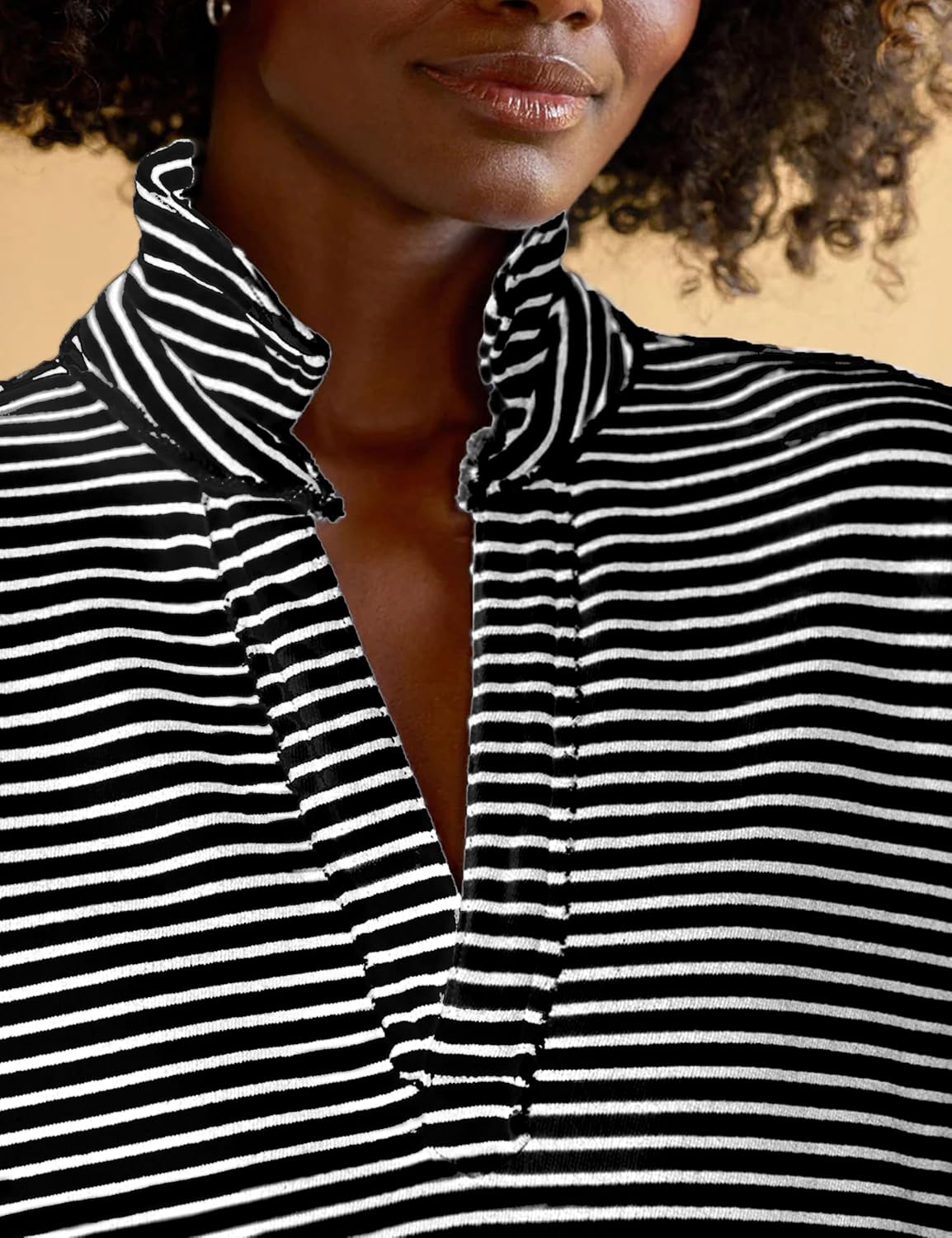 Zontroldy Women's Fuzzy Fleece V Neck Pullover Sweatshirt Jacket Long Sleeve Solid Henley Shirt Sherpa Top(1556-BlackStripe-S) - Image 2