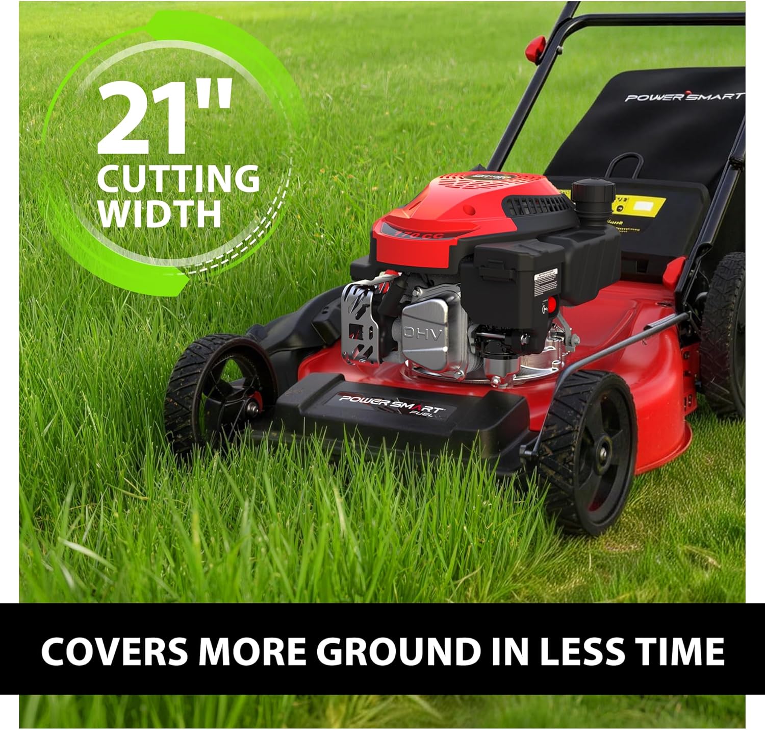 PowerSmart Self Propelled Gas Lawn Mower 21-inch with 170cc 4-Cycle OHV Engine, 3-in-1 Walk-Behind Lawn Mower with 5 Adjustable Heights