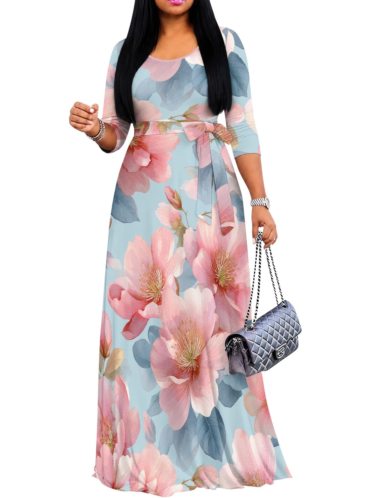PinkPatty Women's Print Maxi Dresses 3/4 Sleeve Flowy Long Dress V Neck Wrap Tie Waist Sundress