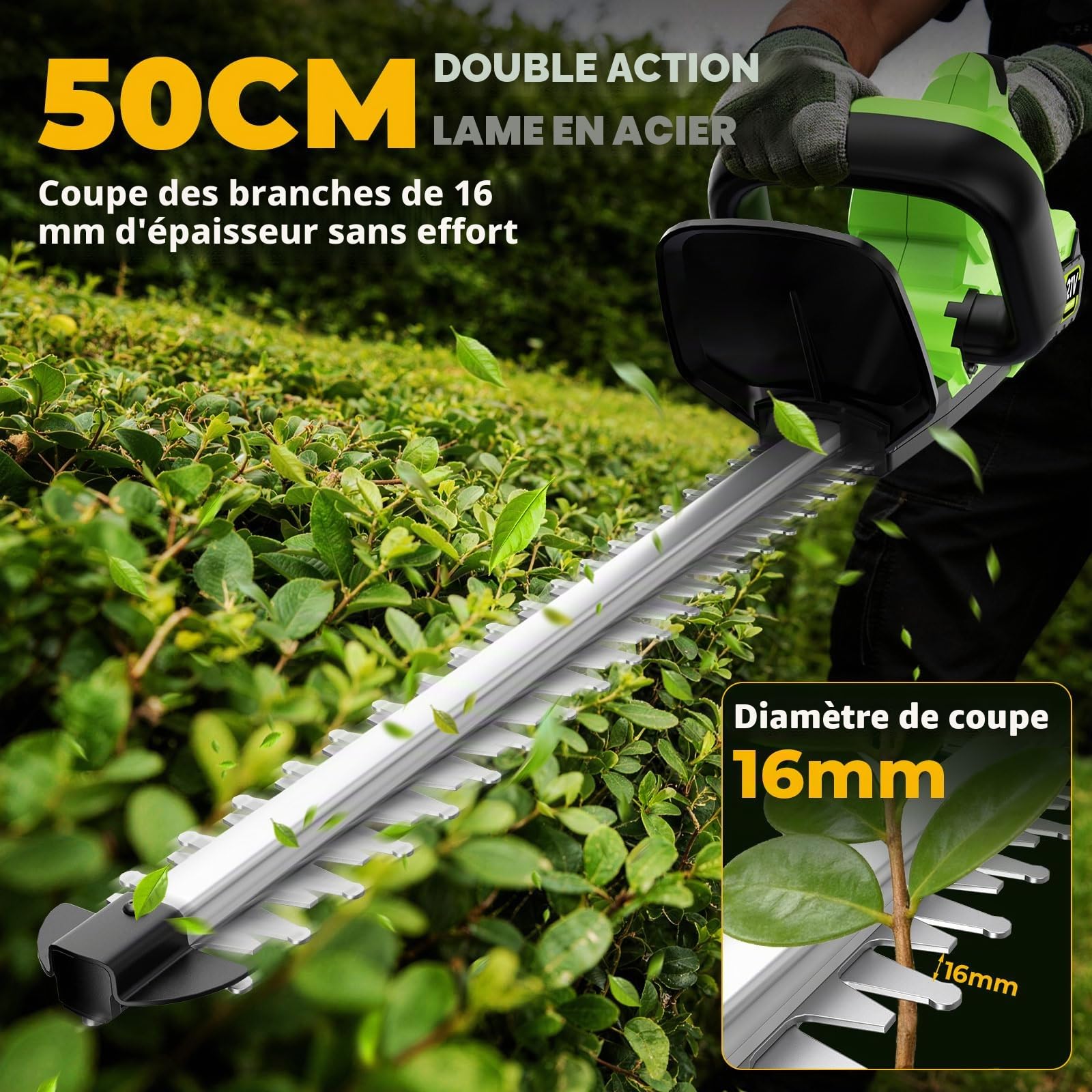 Taille Haie Batterie 21 V, 1200W Moteur, 2 x 4000 mAh Batteries, Lame 50 cm, Écartement de 16 Mm, Double Action, Taille Haies sans Fil avec Lame en Acier 70MN4&Protège pour Le Jardin et Les Arbustes