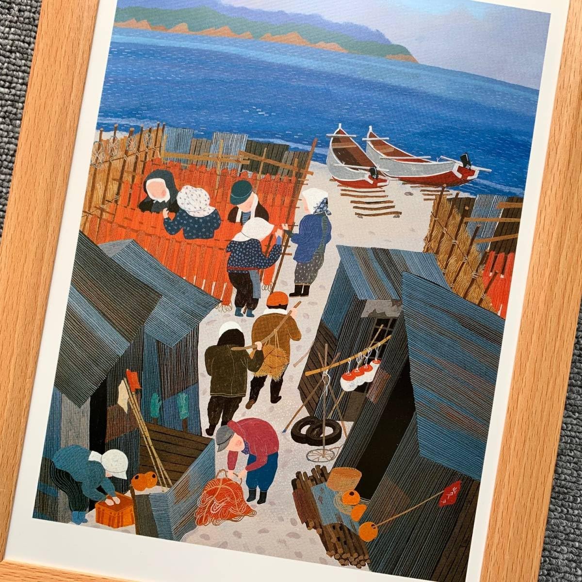 Amazon.co.jp: □原田泰治『エビ漁の浜 三重県阿児町』B5サイズ 額入り