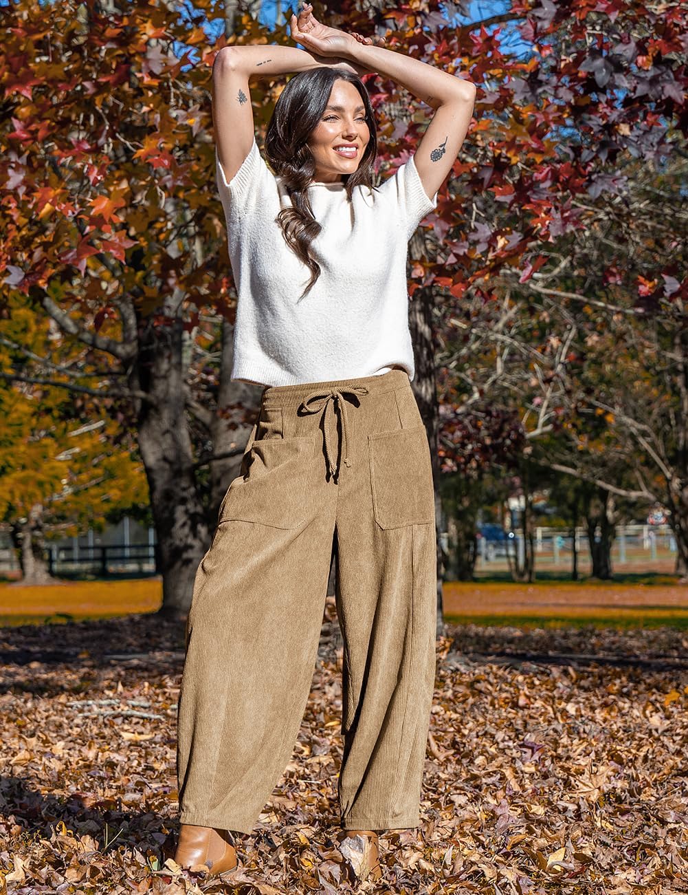 TARSE Women’s Corduroy Pants Baggy Wide Leg Pants Casual Elastic Waisted Palazzo Harem Pants with Pockets - Image 3