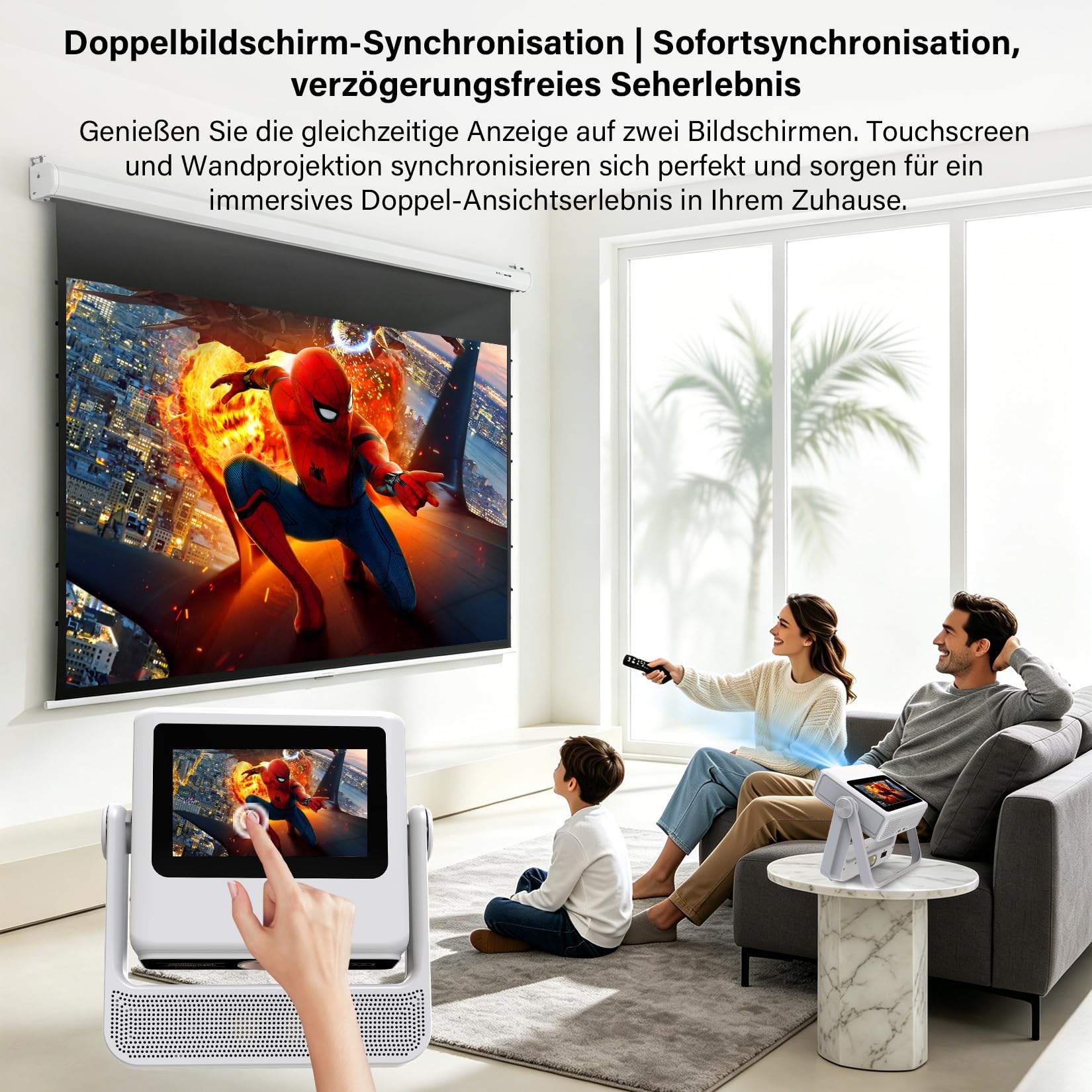 Proiettore Smart Compatibile 4K, Videoproiettore Full HD 1080P con Touchscreen, Doppio Display, 1200 ANSI, Autofocus, WiFi 6 Bluetooth, 1000+ App, Audio 25W per Home Cinema Camera da Letto Campeggio