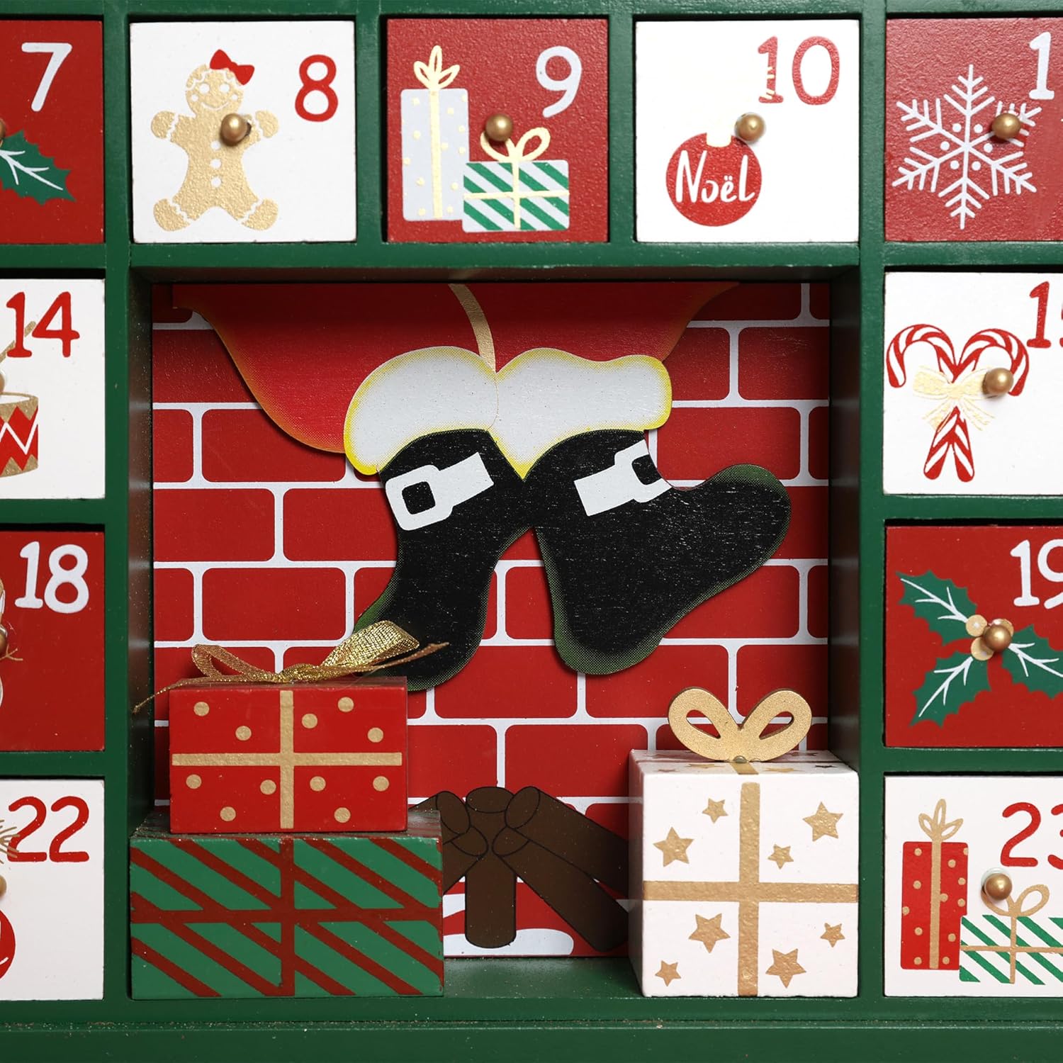 Extra-large Wooden Christmas Advent Calendar with Drawers, 24-Day Countdown to Christmas, Holiday Decoration with Santa Fireplace Design, Reusable Advent Calendar for Kids and Adults 16 Inch