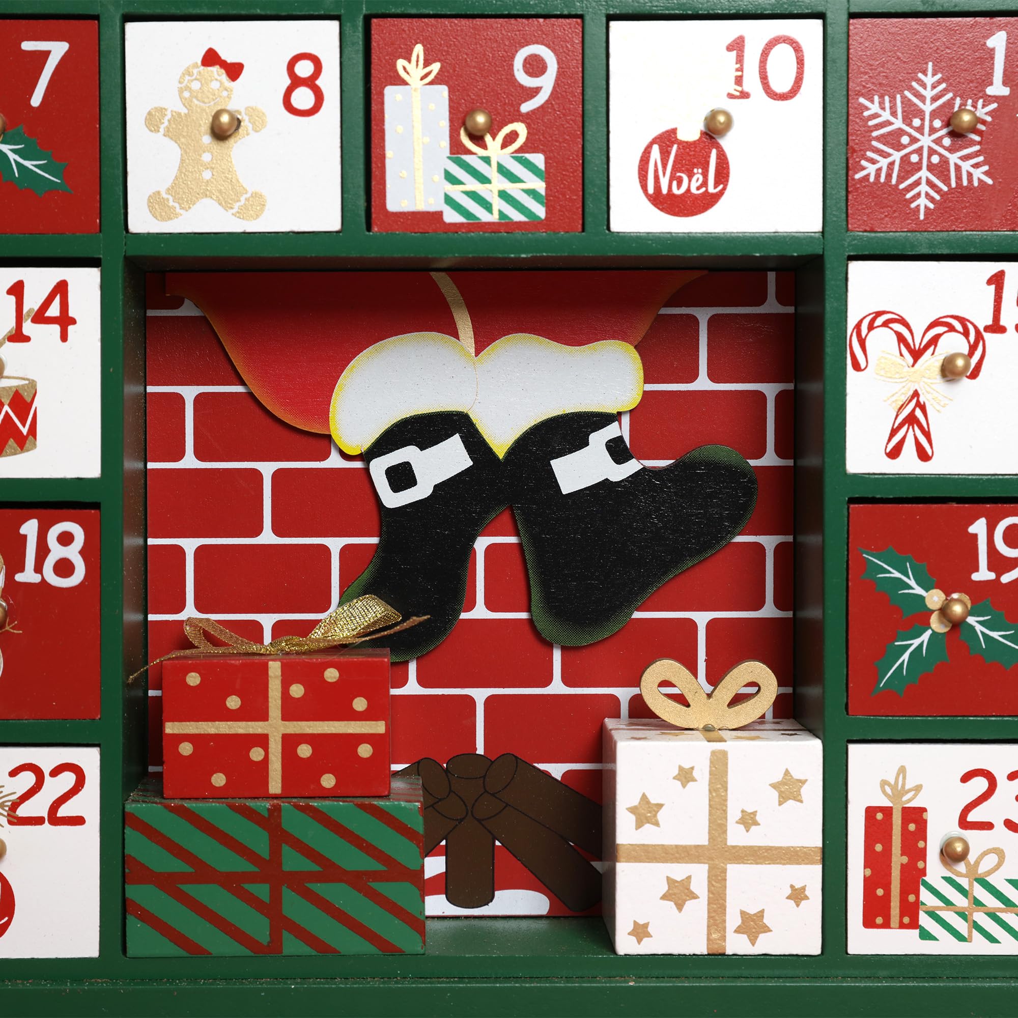 PE Weihnachten Adventskalender Holz zum Befüllen Groß mit 24 Schubladen - Handgefertigter Weihnachtskalender mit Santa - Weihnachtsdeko, 39,3 x 6,5 x 41,1 cm