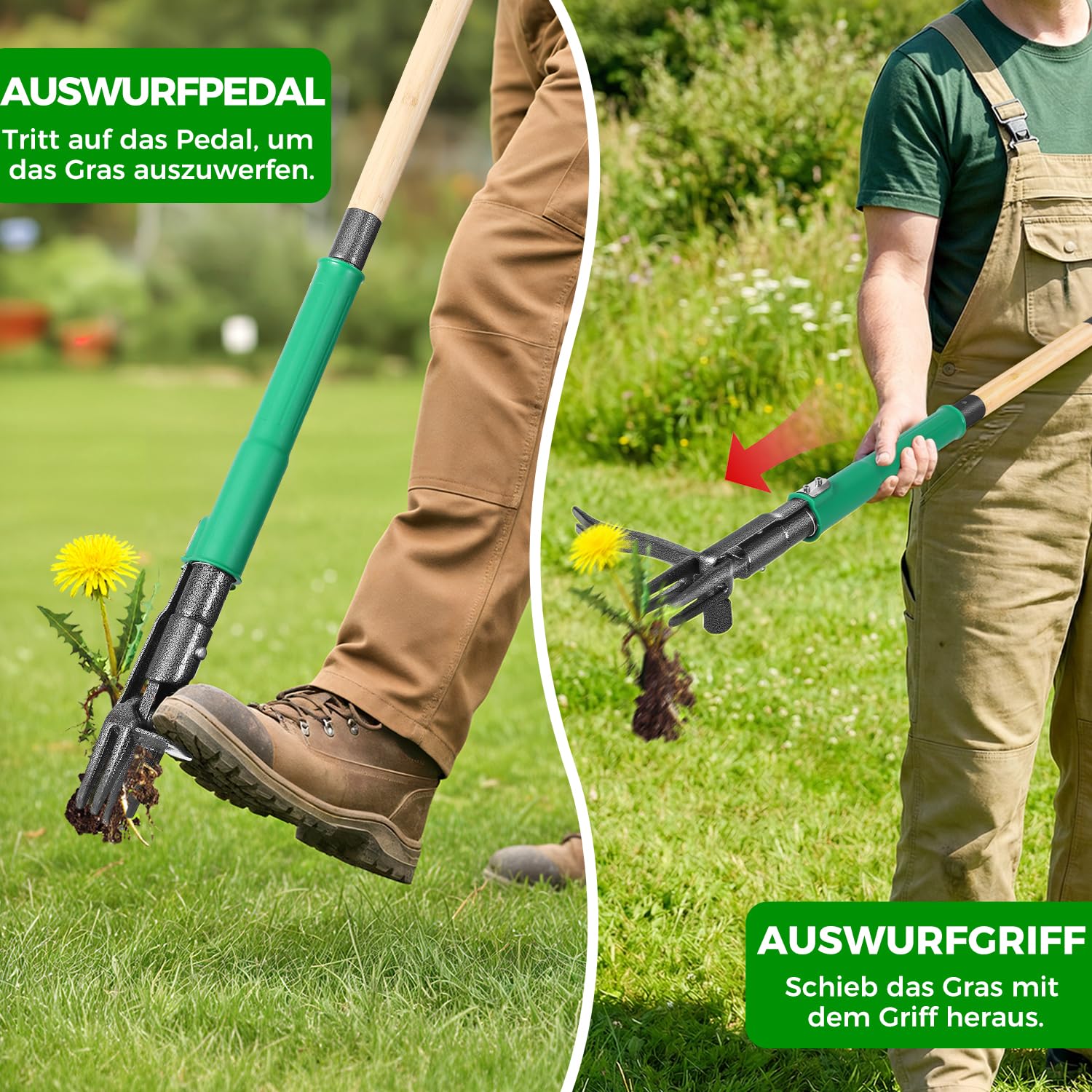 Unkrautstecher mit 2 Auswurffunktionen, 111cm Stiel Unkraut Entferner Gerät, Robuster Garten Löwenzahnstecher, Echtem Bambusgriff, 4 Metallkrallen und Antihaft-Fußpedal