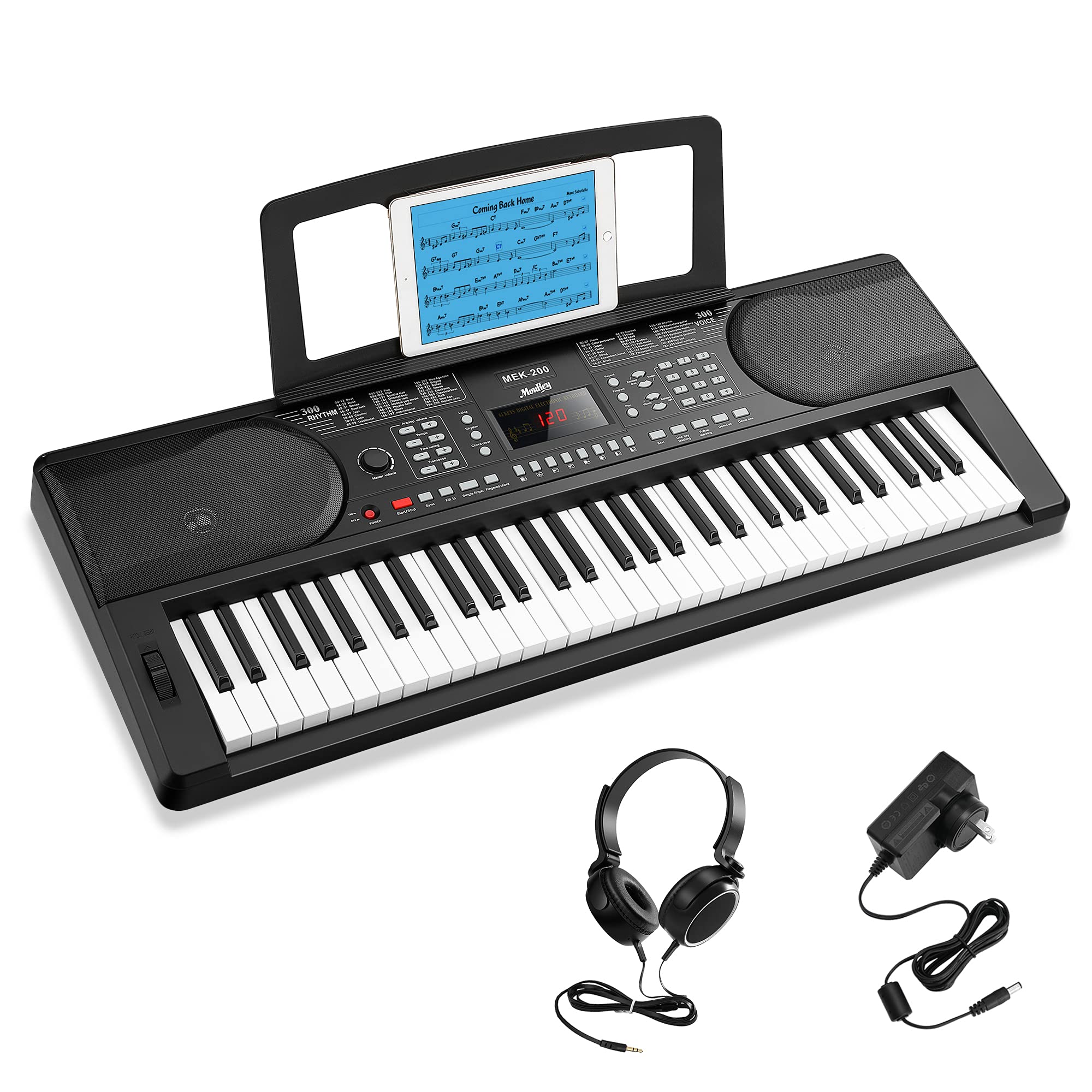 Moukey 61 Teclas Teclado de Piano Eléctrico para Principiantes, Piano Digital con Atril y Pegatinas de piano, Pantalla LED, 300 Ritmos, 300 Tonos, 50 Demos y Modo de Aprendizaje para Niños, MEK-200