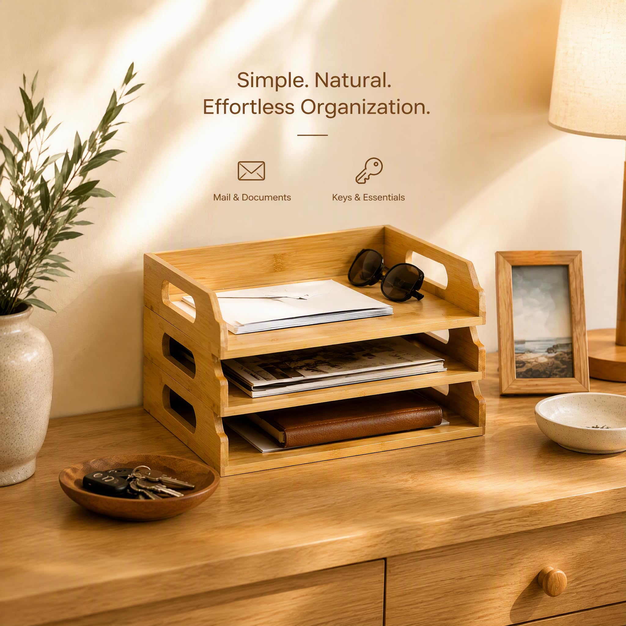 Okllen 3 Pack Stackable Paper Trays, Bamboo Desk Letter Tray Set, 3 Tier File Document Organizer Tray for A4 Paper, Magazine, Receipts, Office Supplies
