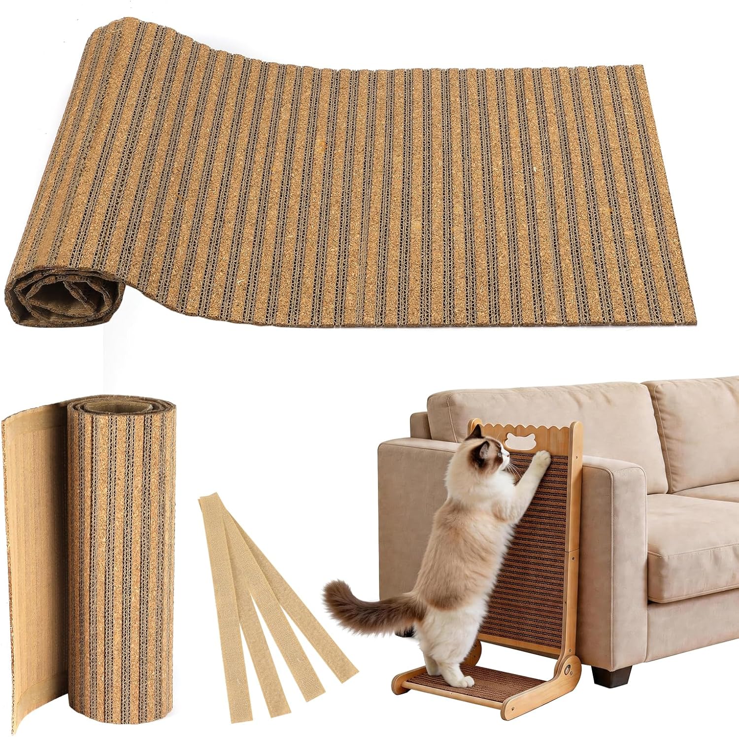 Natural Cork Cat Scratcher Mat with NO Preapplied Adhensive, Bonus 118inch Hook-Loop Tape. Cat Scratching Toy DIY, Replacement for Cat Tree, Post, Ramp and Wall Shelves (Oak Wood, 39.4 x 11.8 Inch)