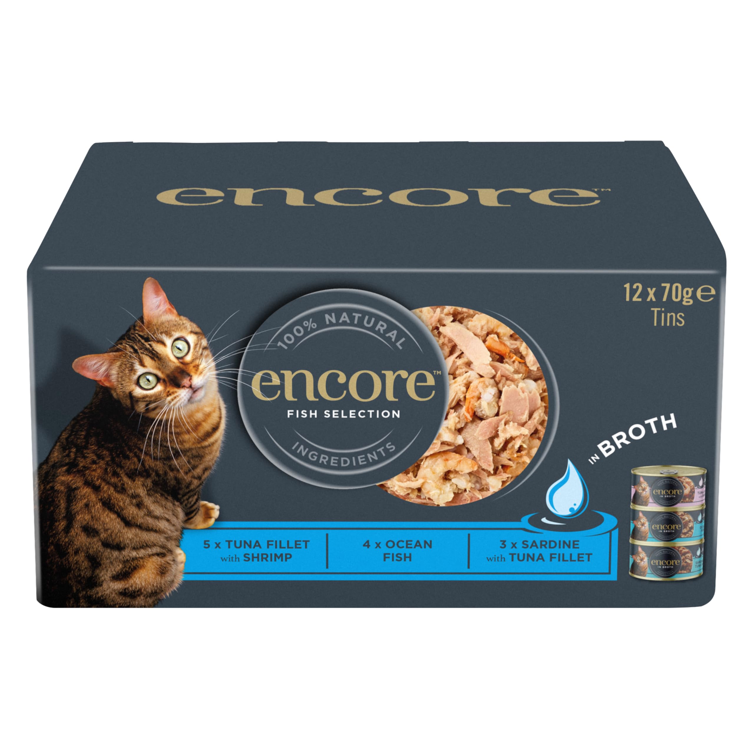 Encore 100% natürliches Premium Nassfutter für Katzen, Fisch Auswahl in Brühe für erwachsene Katzen - Packung mit 48 x 70g Dosen