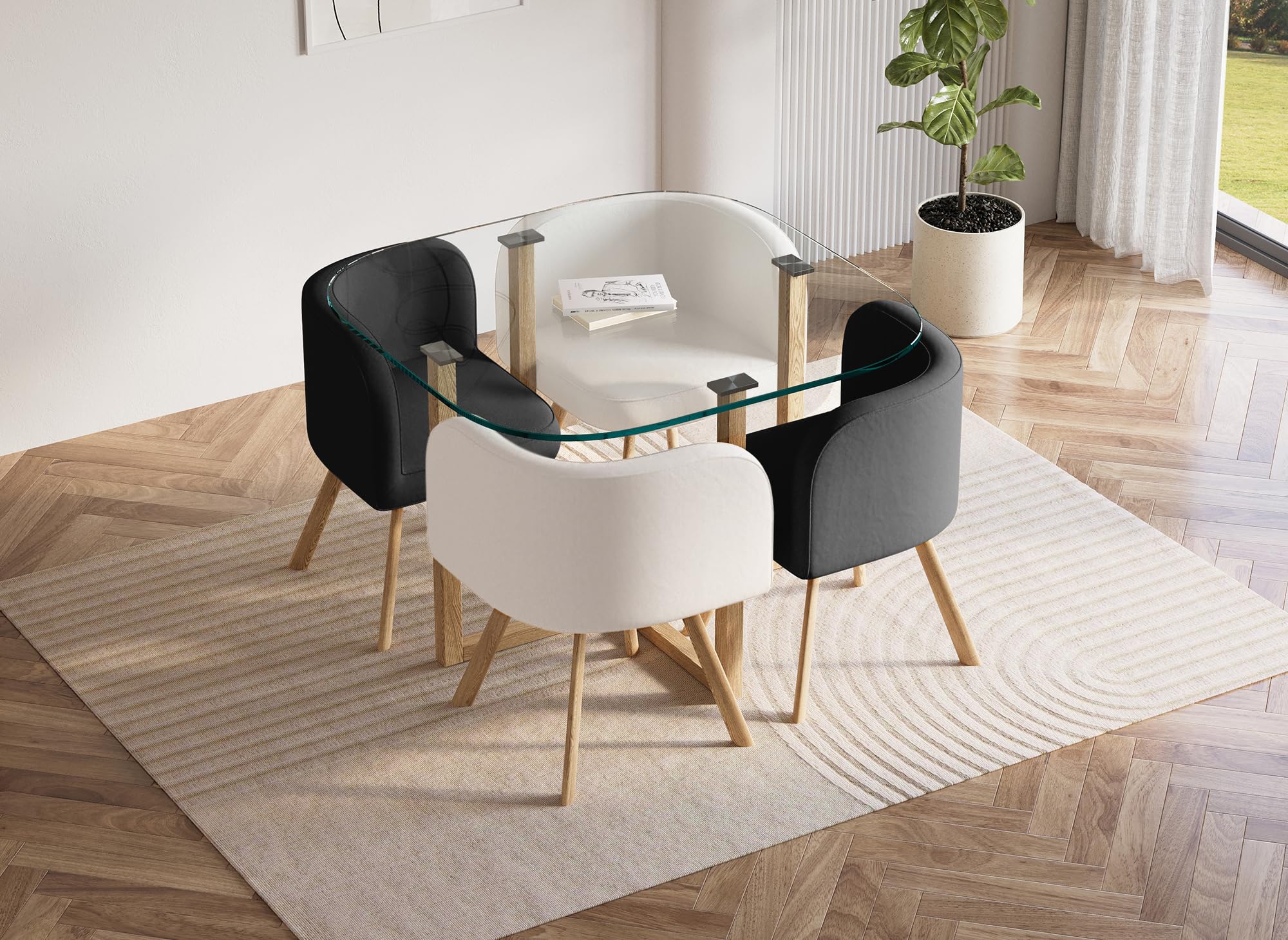 DecoInParis Ensemble Table à Manger en Verre + 4 chaises Noires et Blanches FLEN