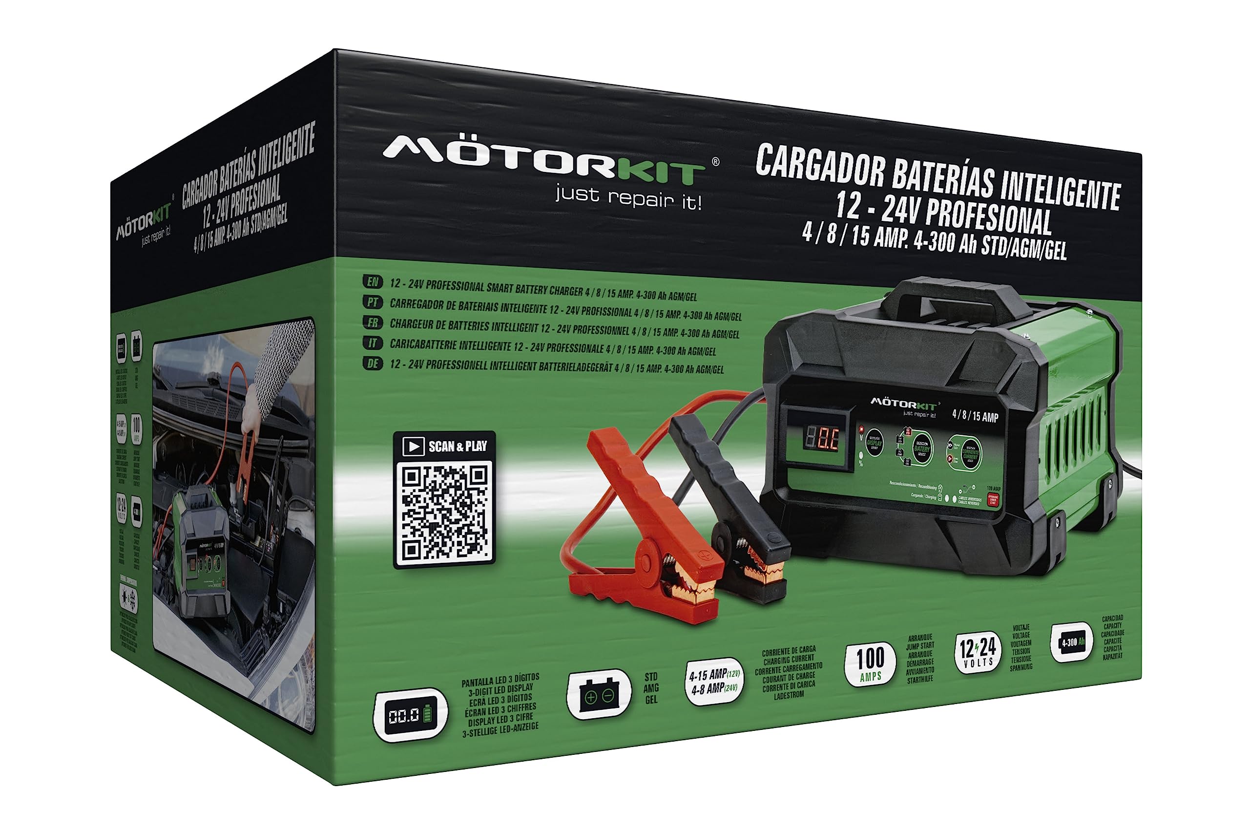 Motorkit Cargador Bateria 12/24V 4-15A