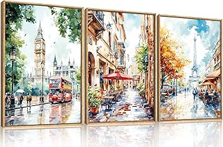 Watercolor European Cityscape Framed Canvas Wall Art Set,London Big Ben & Paris Eiffel Tower Street Scenery Wall Decor,Charming Landscape Artwork for Living Room, Bedroom,Office-16 x24 x3