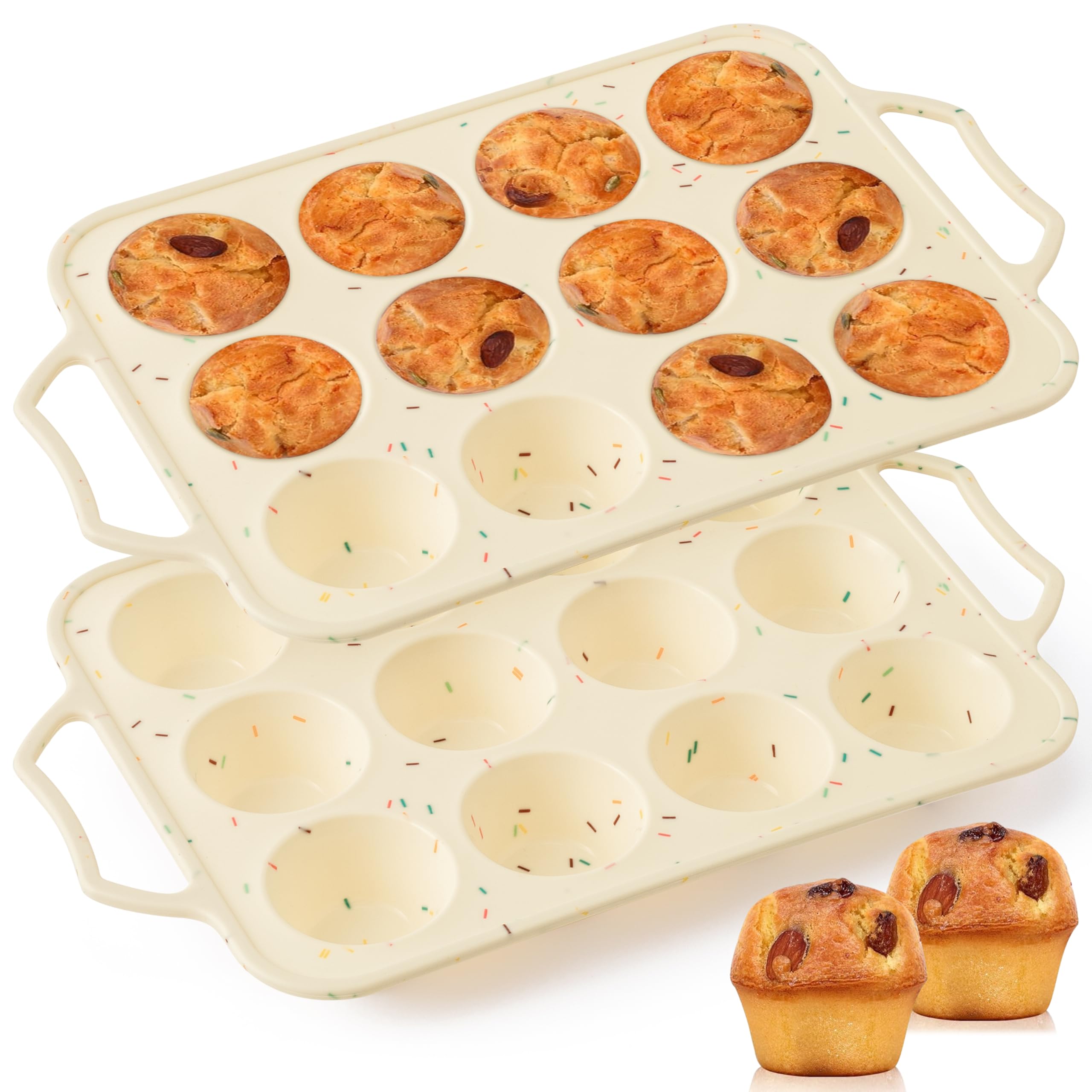 GQIRIL Silicone Muffin Pan for Baking - 2 Pack Cupcake Pan Egg Bite Molds, Nonstick Muffin Tin with Metal Frame, 12 Silicone Cup Cakes Chocolate Candy Bakeware for Baby Shower Birthday (Regular Size)