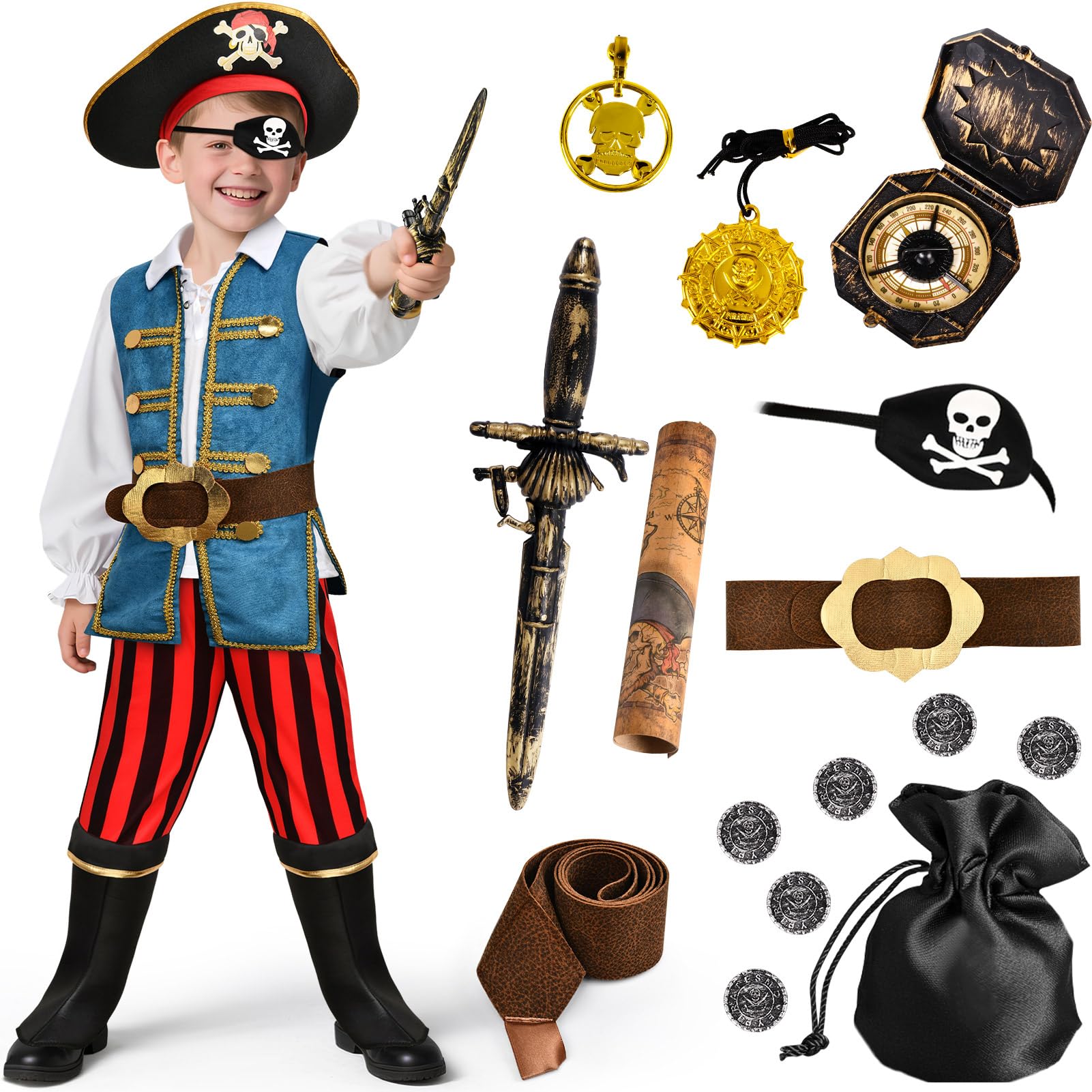 Disfraz Pirata Niño con Pirata Accesorios Sombrero Parche Brújula Bolso Mapa Pendiente Disfraz de Halloween Carnaval para Niños Infantil 3 4 5 6 7 8 9 10 11 Años