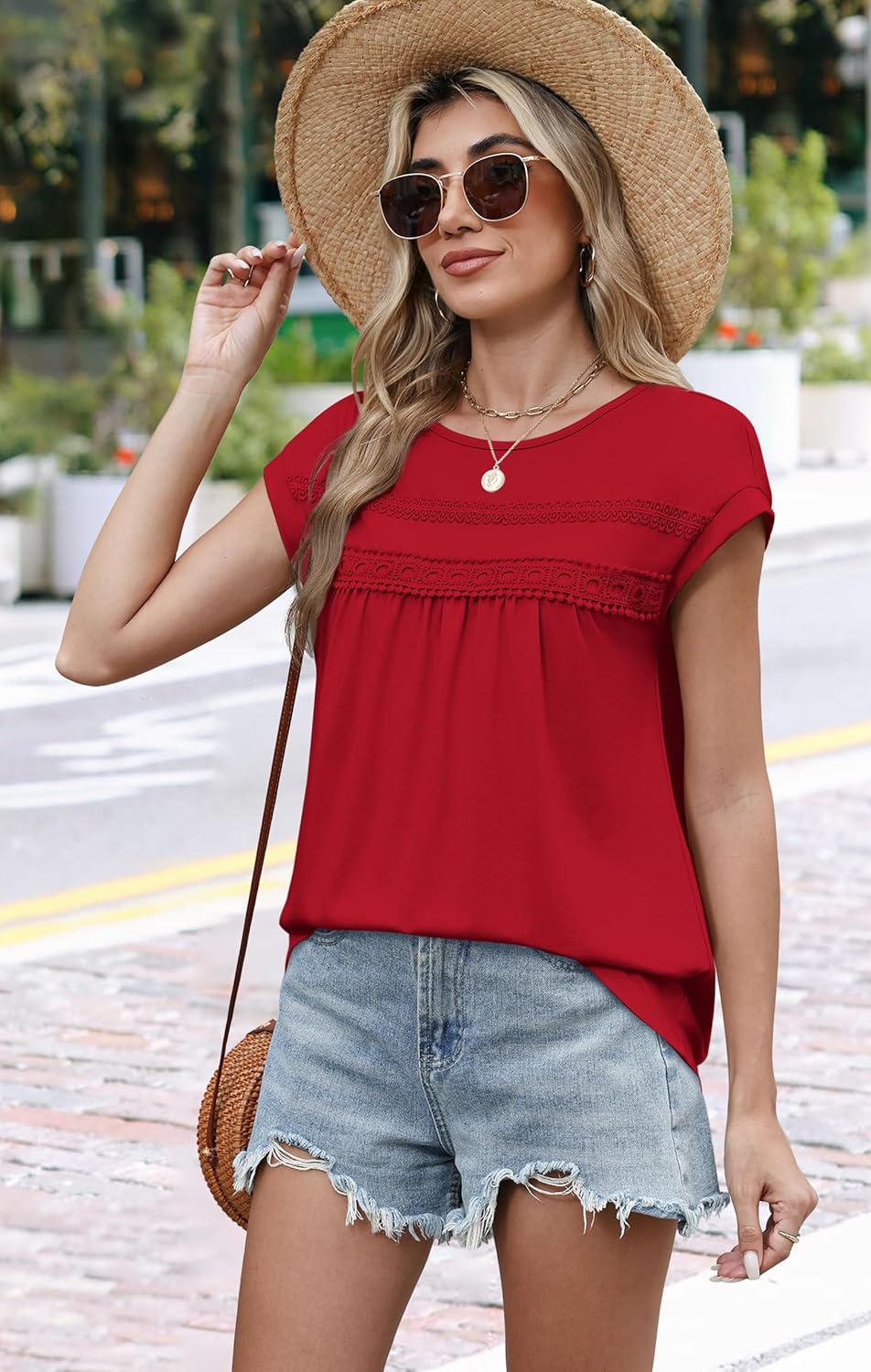 WIHOLL Womens Summer Tops Trendy 2026 Lace Crochet Cap Short Sleeve Shirts Crew Neck T Shirts Casual Loose Blouses - Image 3