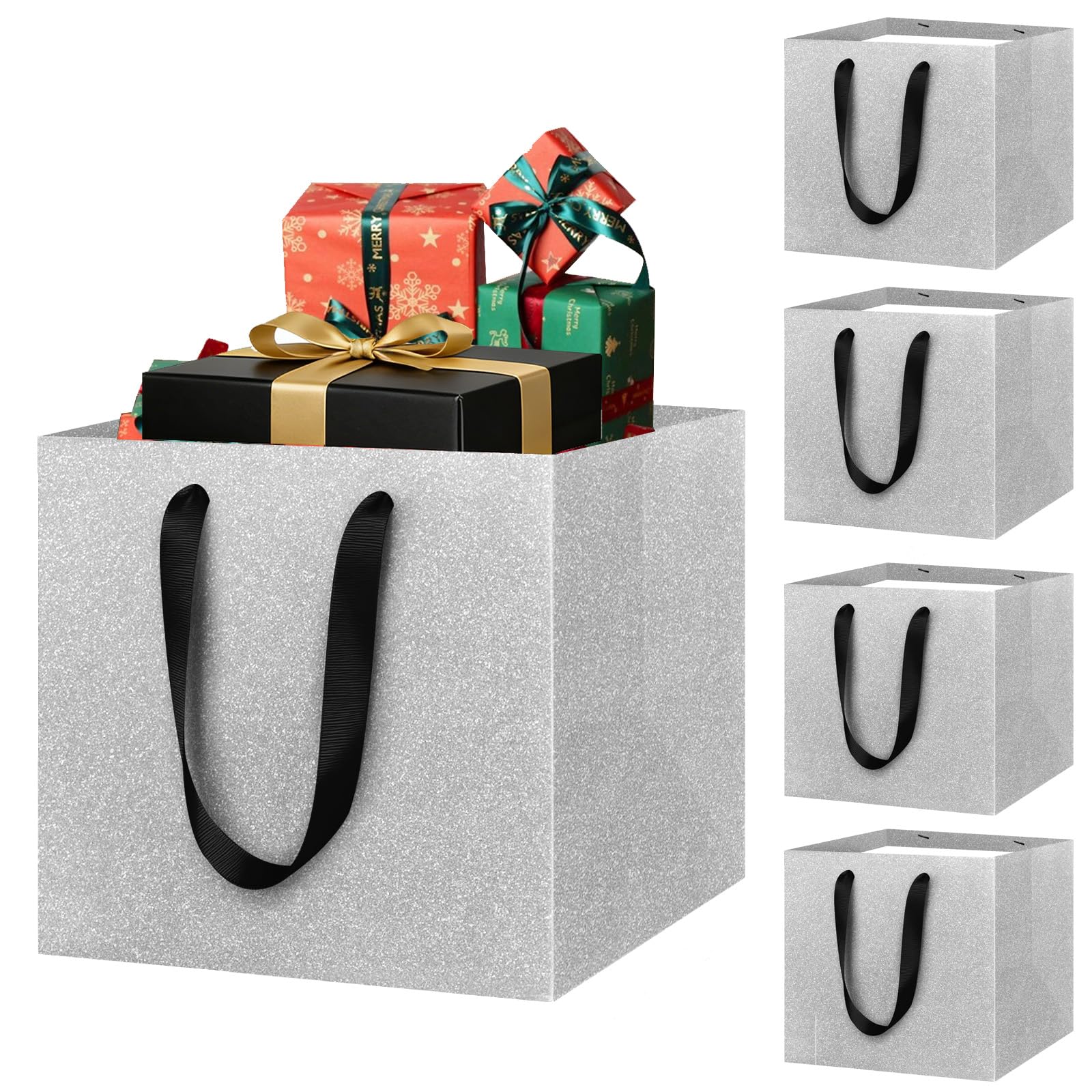 LVNRIDS Large Gift Bags with Handle Silver 5 Pack, Luxury Square Gift Bags 25x25x25cm, Premium Reusable Gift Bag 9.8 inch for Presents Bouquets Wedding Birthday Valentines Party Cake