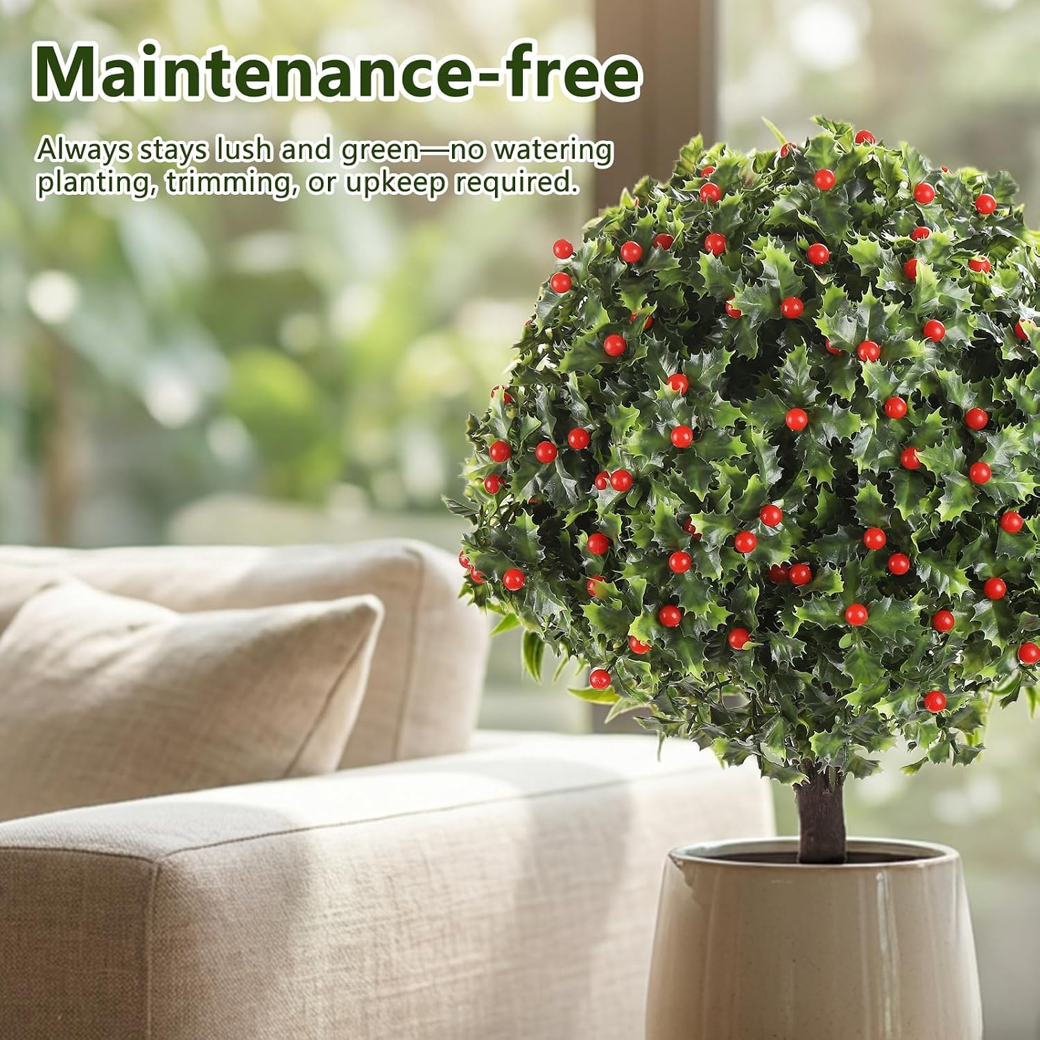 MARCH WIND 2Pcs Artificial Holly Topiary Ball with Red Berries, 18 Inch UV Resistant Fake Evergreen Bush, Ground Stake Shrub for Porch Garden Yard Christmas Decor