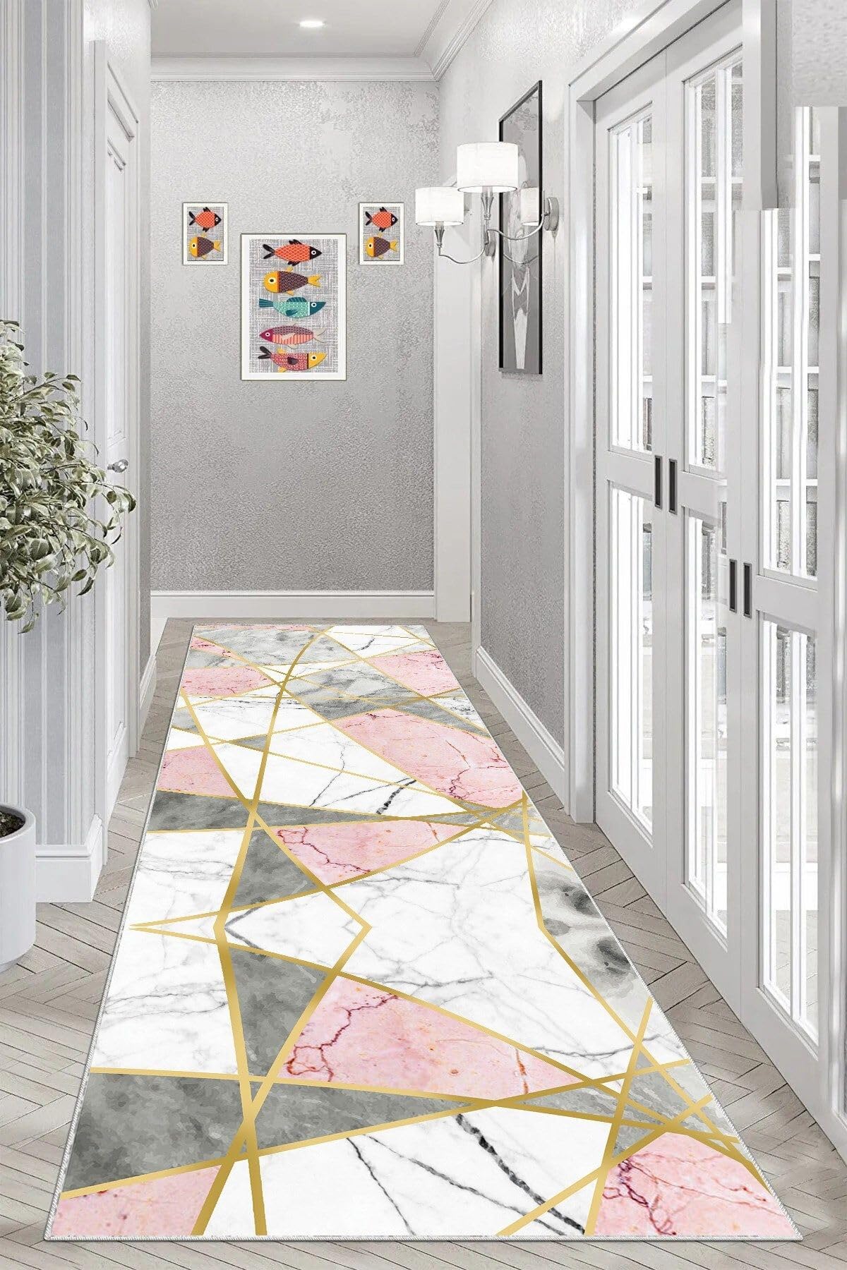 Pelangi Mermer Desenli Gold Şeritli Dijital Baskı Yıkanabilir Kaymaz Taban Kilim Model Salon Halısı, Gri 80 x 400, 95554260804007