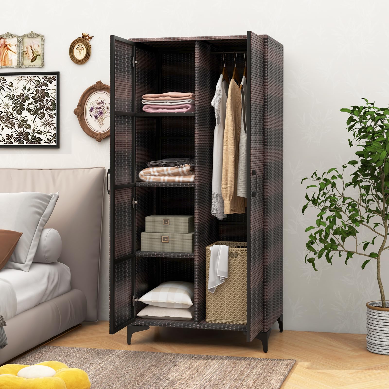 KOMFOTTEU Gartenschrank aus Rattan, Aufbewahrungsschrank mit 5 Einlegeböden & Hängeregal, Terrassenschrank Geräteschrank mit Doppeltüren, Rattanschrank 72 x 50 x 157 cm (Mix Braun)