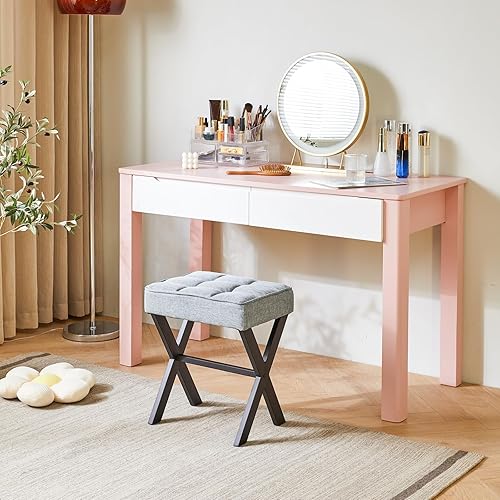 Miniatura 6 de IBUYKE - Taburete cuadrado de maquillaje con reposapiés de patas en X, reposapiés de lino, asiento otomano, multiusos como pequeña mesa auxiliar,