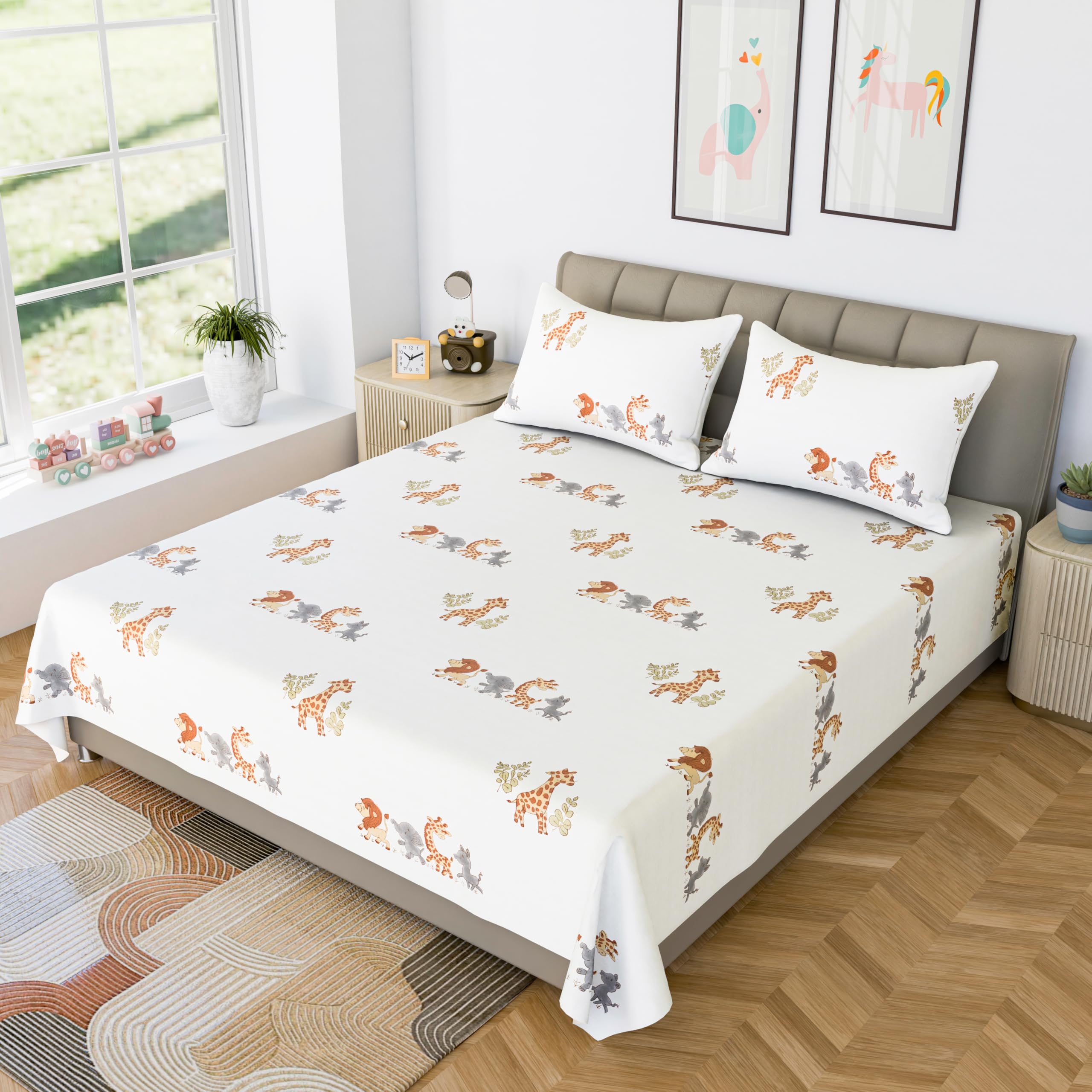 LINENWALAS 100% Cotton Bed Sheet for Single Size Bed, Animal Printed Single Bedsheet for Childrens Room with 1 Pillow Covers | 210 TC Soft, Breathable, Luxury Bedsheet (Jungle Safari, 60 x 90 Inches)