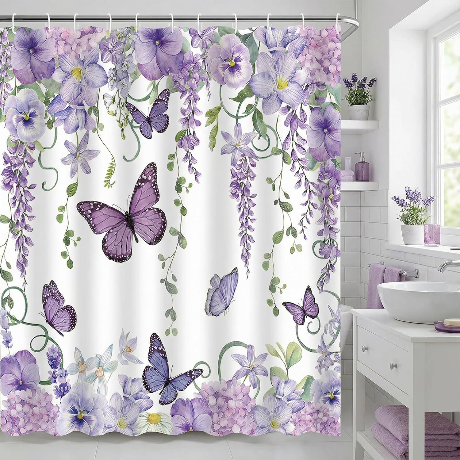 Grey Butterfly Shower Curtain for Bathroom Watercolor Blue Floral and Eucalyptus Leaf Shower Curtains Waterproof Polyester Fabric Bath Curtain 72 x 72 Inch with 12 Hooks