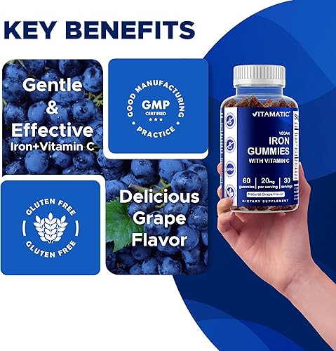 Miniatura 5 de Paquete de 2 gomitas vitamáticas de hierro para mujeres y hombres, porción de 20 mg, 60 gomitas veganas, vitaminas gomosas de hierro de gran sabor