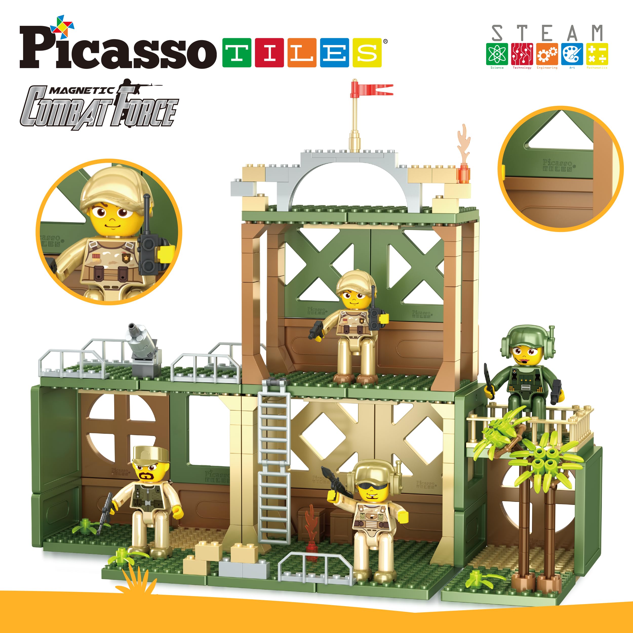 PicassoTiles Bloques de ladrillos de construcción de azulejos magnéticos con temática de fuerza de combate militar, juego de bloques de construcción, 4 figuras de acción de personajes con armas,