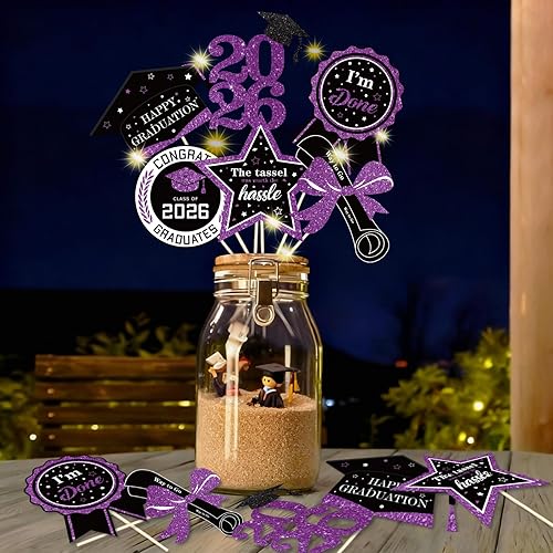 kockuu Graduation Table Decorations for Class of 2026- Glitter Black Purple Part
