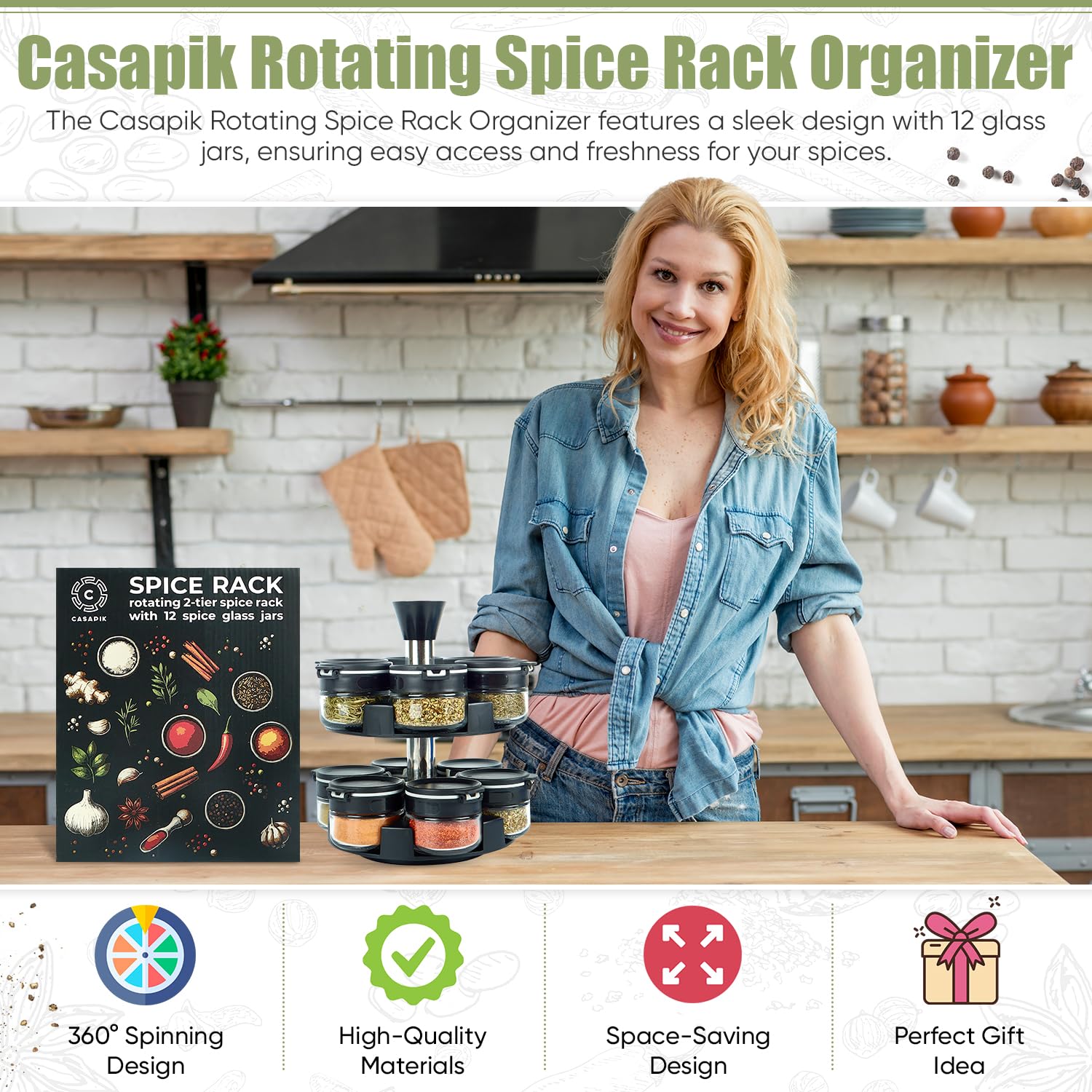 CASAPIK Rotating Spice Rack Organizer - 2-Tier Spice Carousel with 12 Empty Glass Jars, Dual-Lid, Preprinted & Blank Labels, Space-Saving Countertop Spice Storage